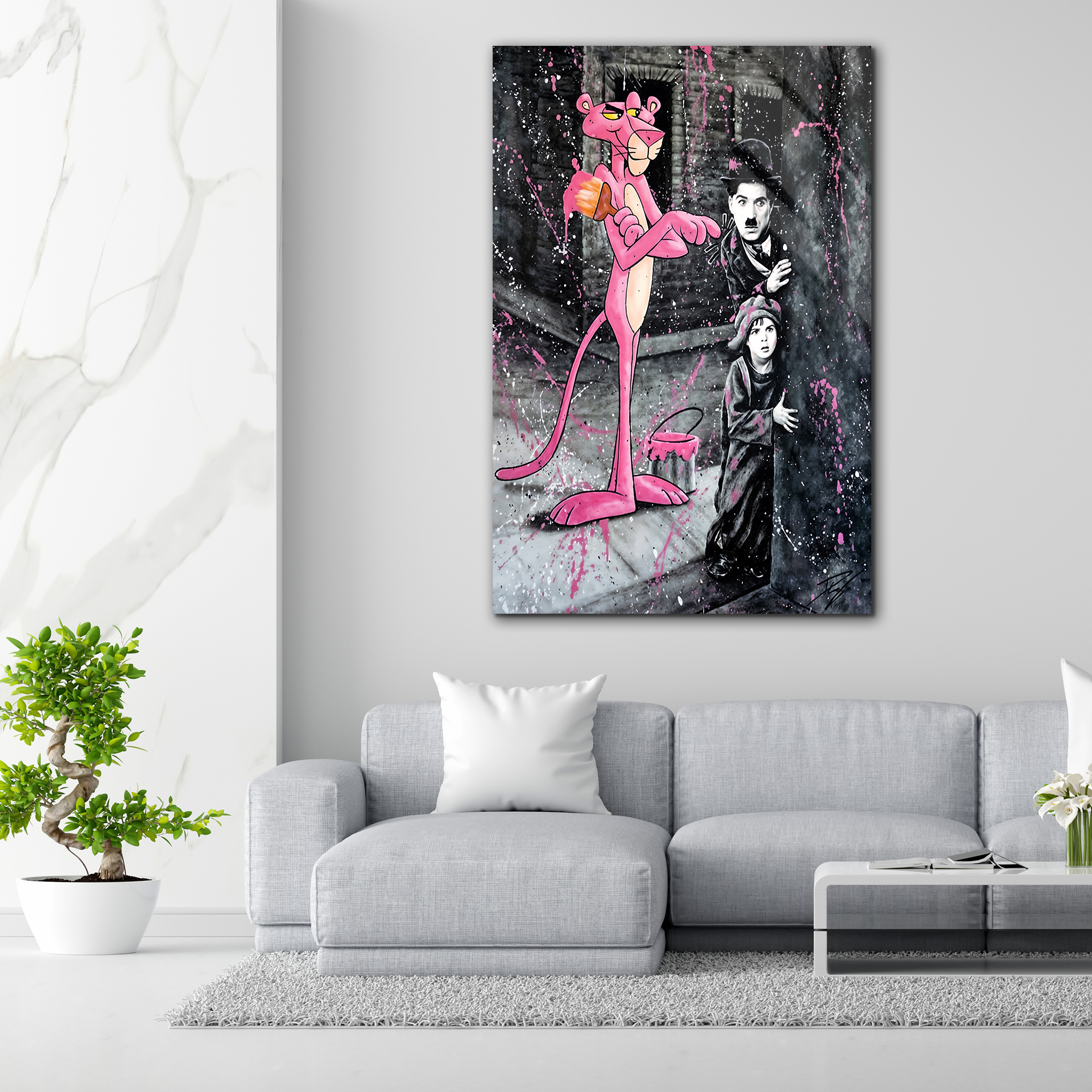 Charlie Chaplin & Pink Panther Art Print | Premium HD Metal Wall Art