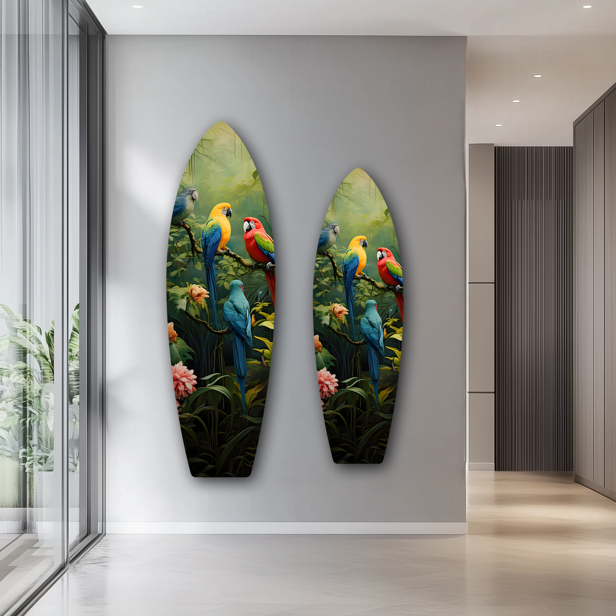 Colorful Parrots Surfboard | Premium HD Metal Wall Art
