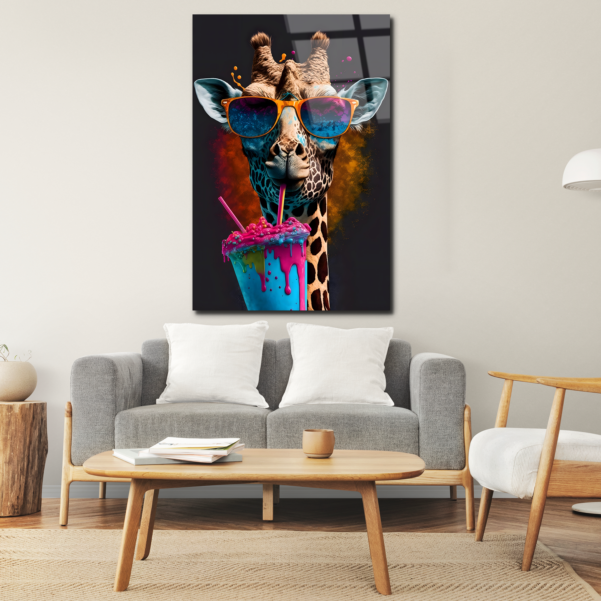Giraffe in Sunglasses Drinking Smoothie | Premium HD Metal Wall Art