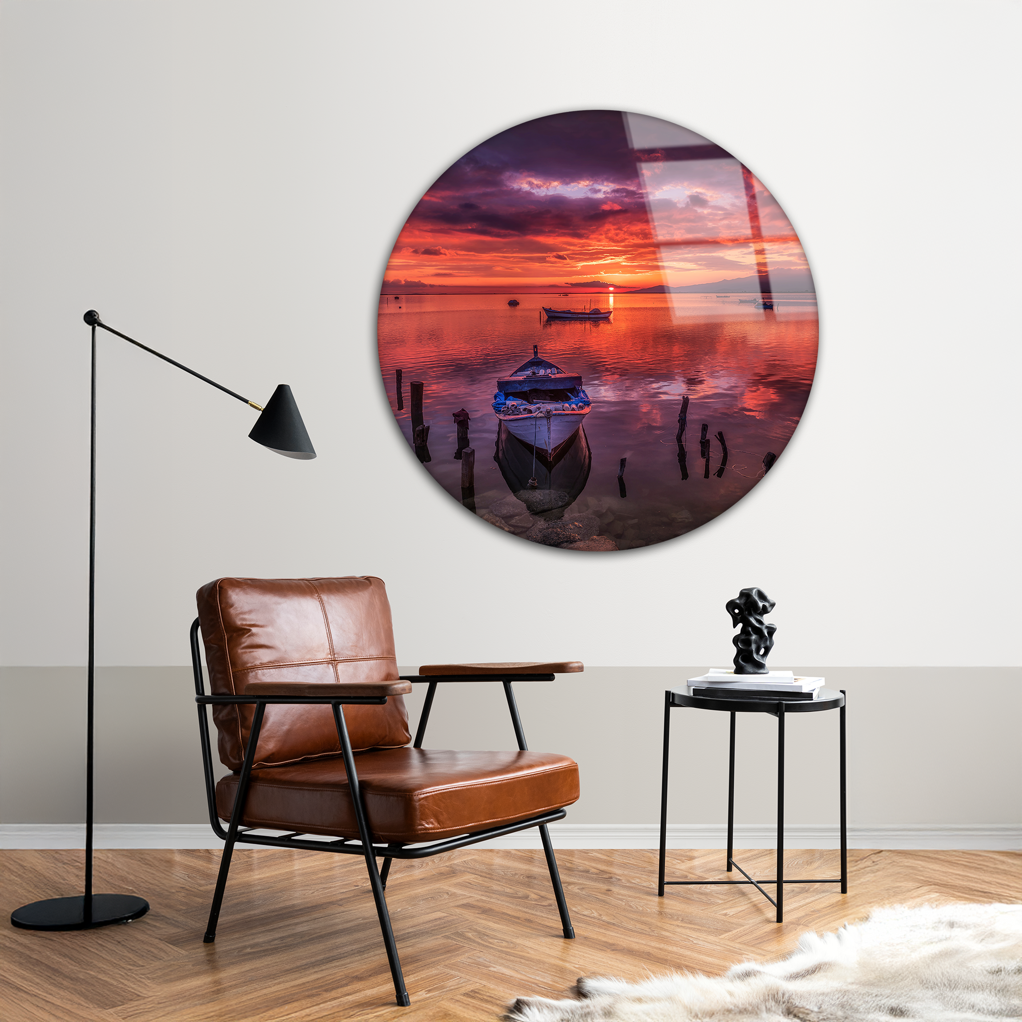 Boats at Sunset | Premium HD Round Wall Art