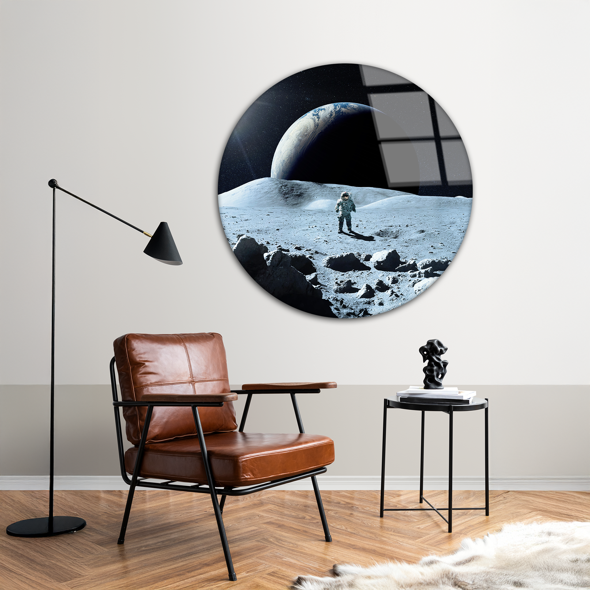 Moon Surface & Cosmonaut | Premium HD Round Wall Art