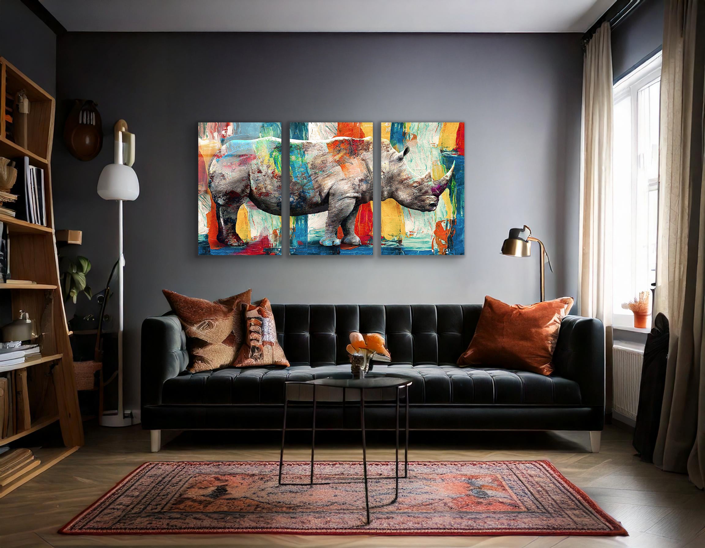 Mega Size Modern Rhinoceros Trio Oil Painting | Premium HD Metal Wall Art