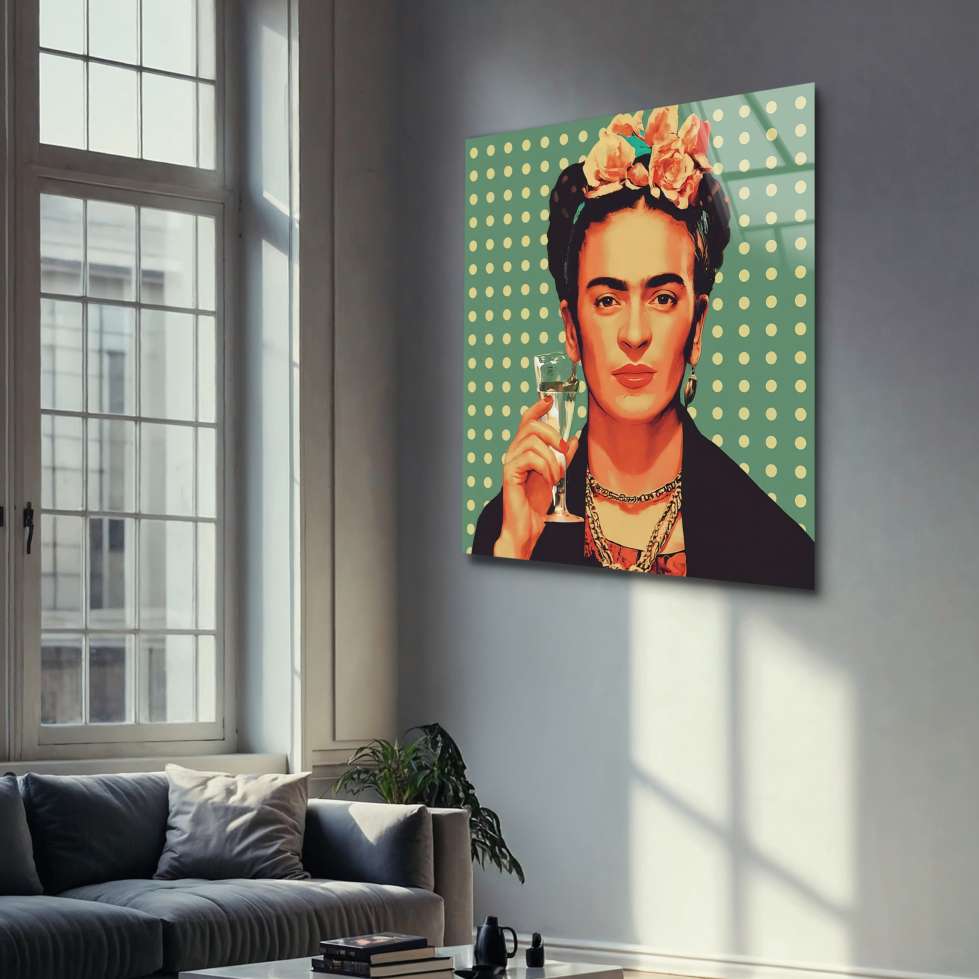 Frida Kahlo Pop Art with Champagne | Premium HD Metal Wall Art