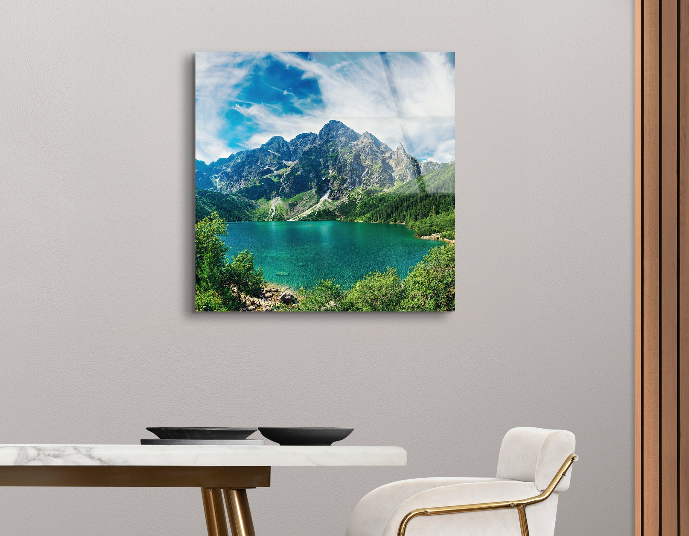 Turquoise Alpine Lake Between Rocky Mountains | Premium HD Metal Wall Art