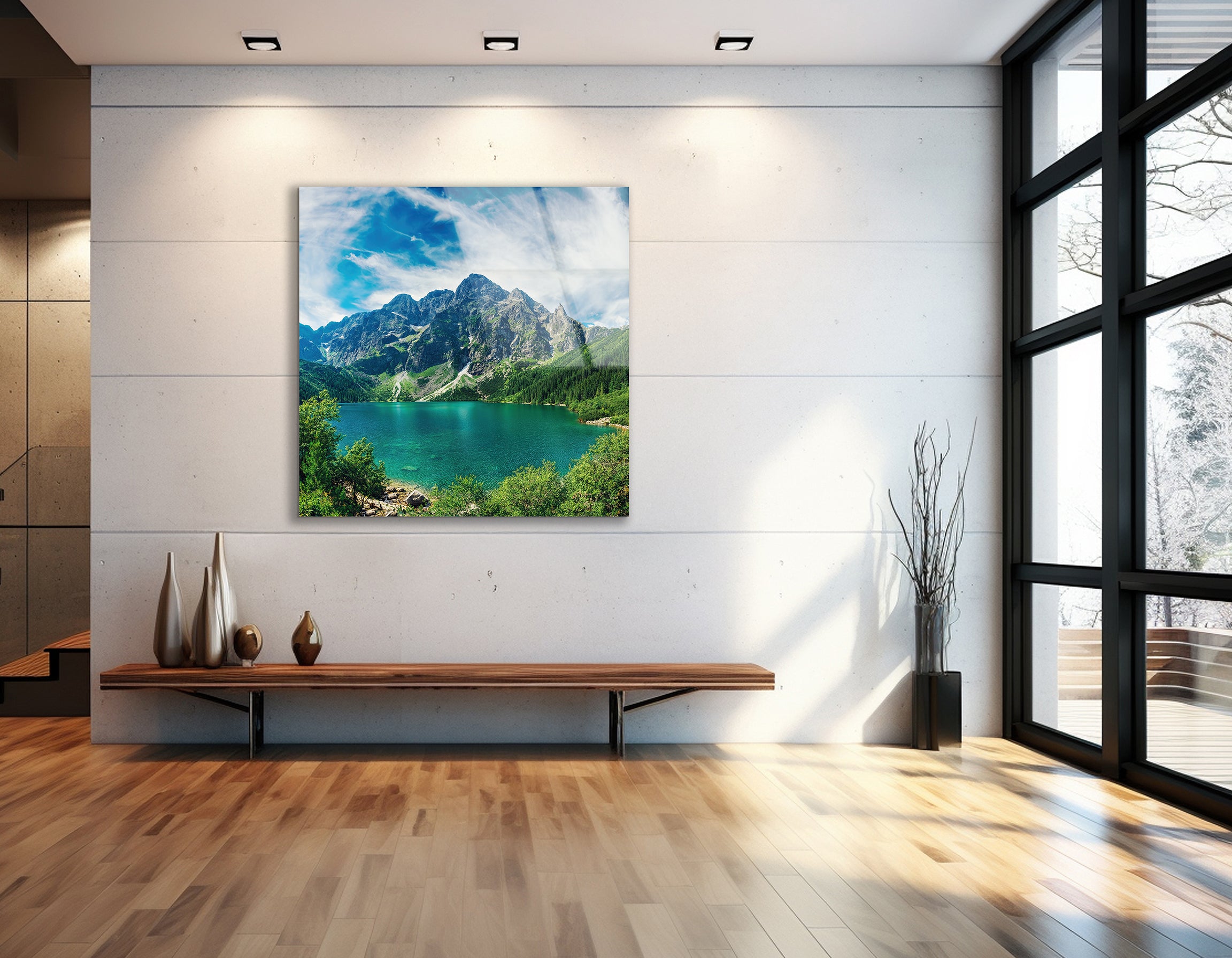 Turquoise Alpine Lake Between Rocky Mountains | Premium HD Metal Wall Art