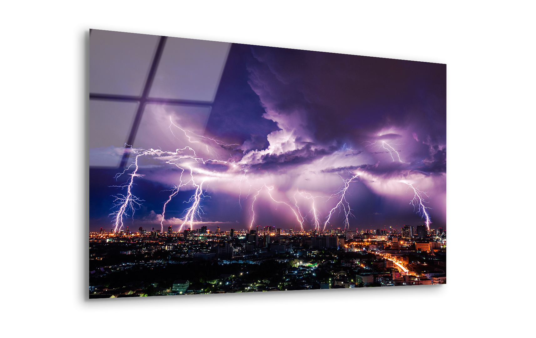 Purple Lightning Storm Over City | Premium HD Metal Wall Art