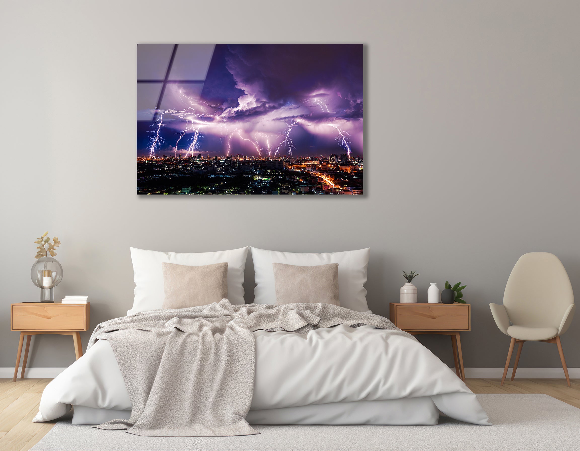 Purple Lightning Storm Over City | Premium HD Metal Wall Art