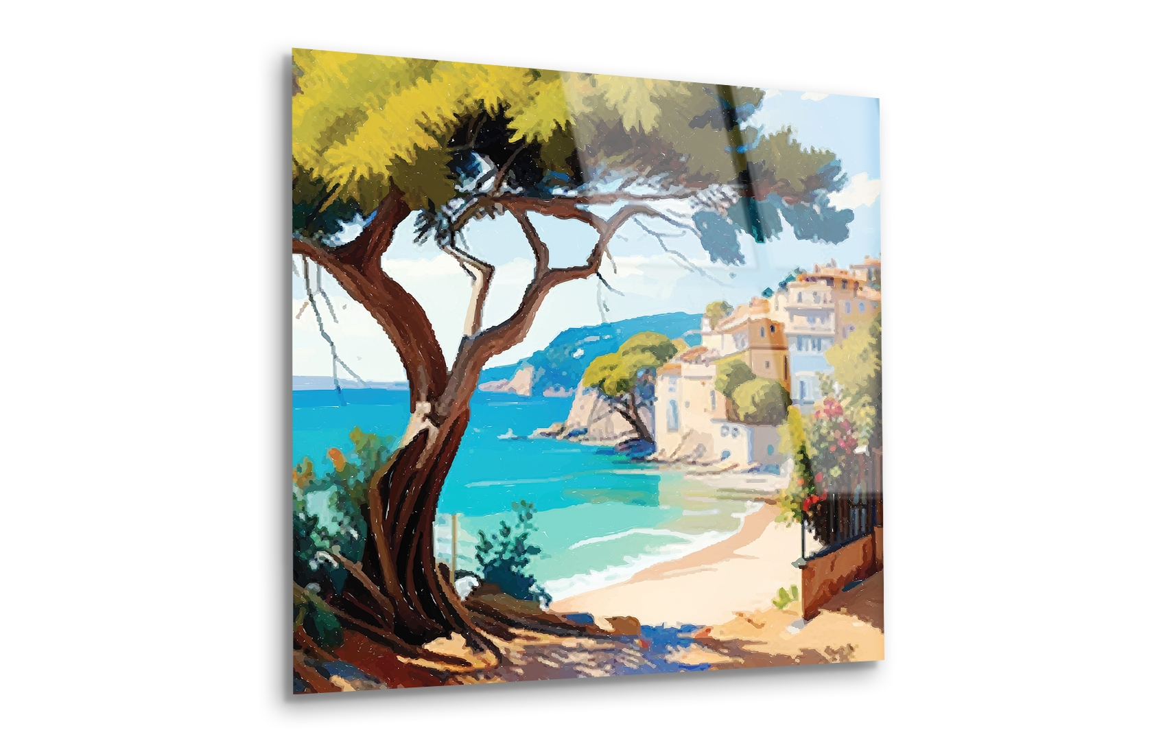 Watercolor Summer Landscape with Sailboats & Cottage | Premium HD Metal Wall Art