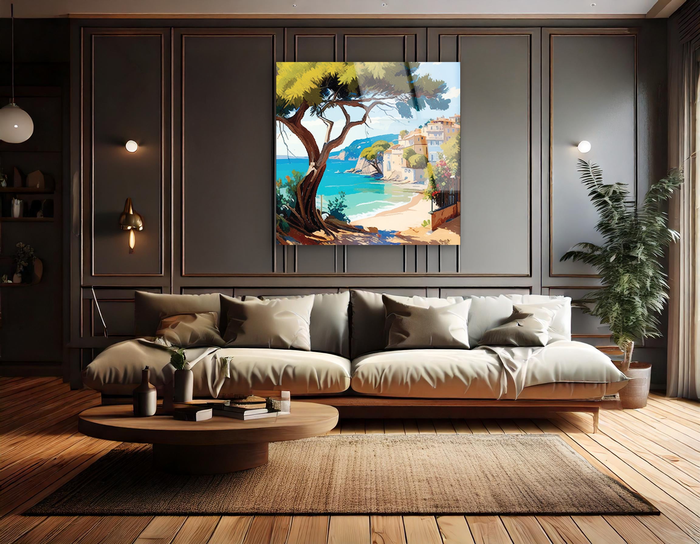 Watercolor Summer Landscape with Sailboats & Cottage | Premium HD Metal Wall Art