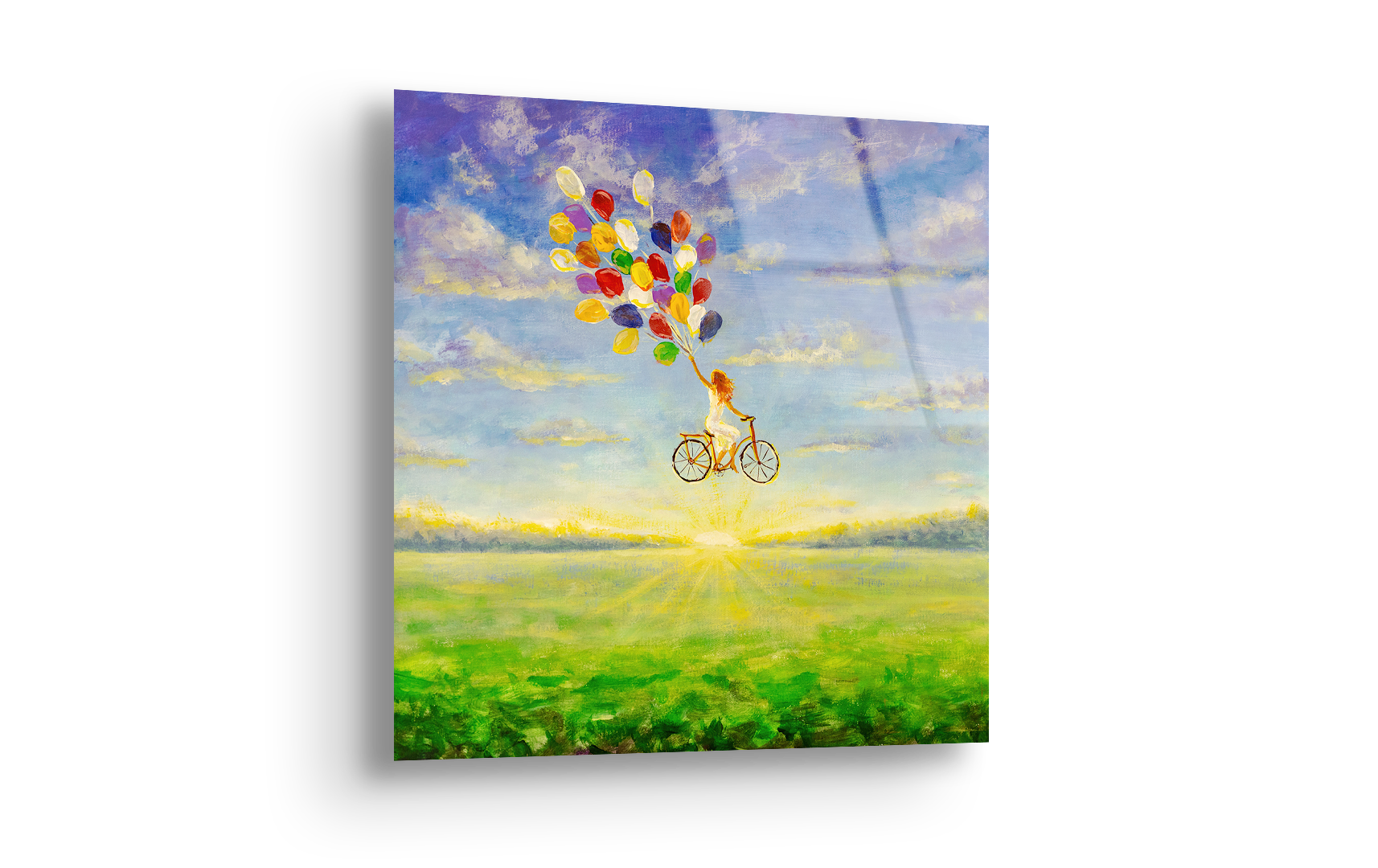 Happy Girl on Bicycle with Balloons Painting | Premium HD Metal Wall Art