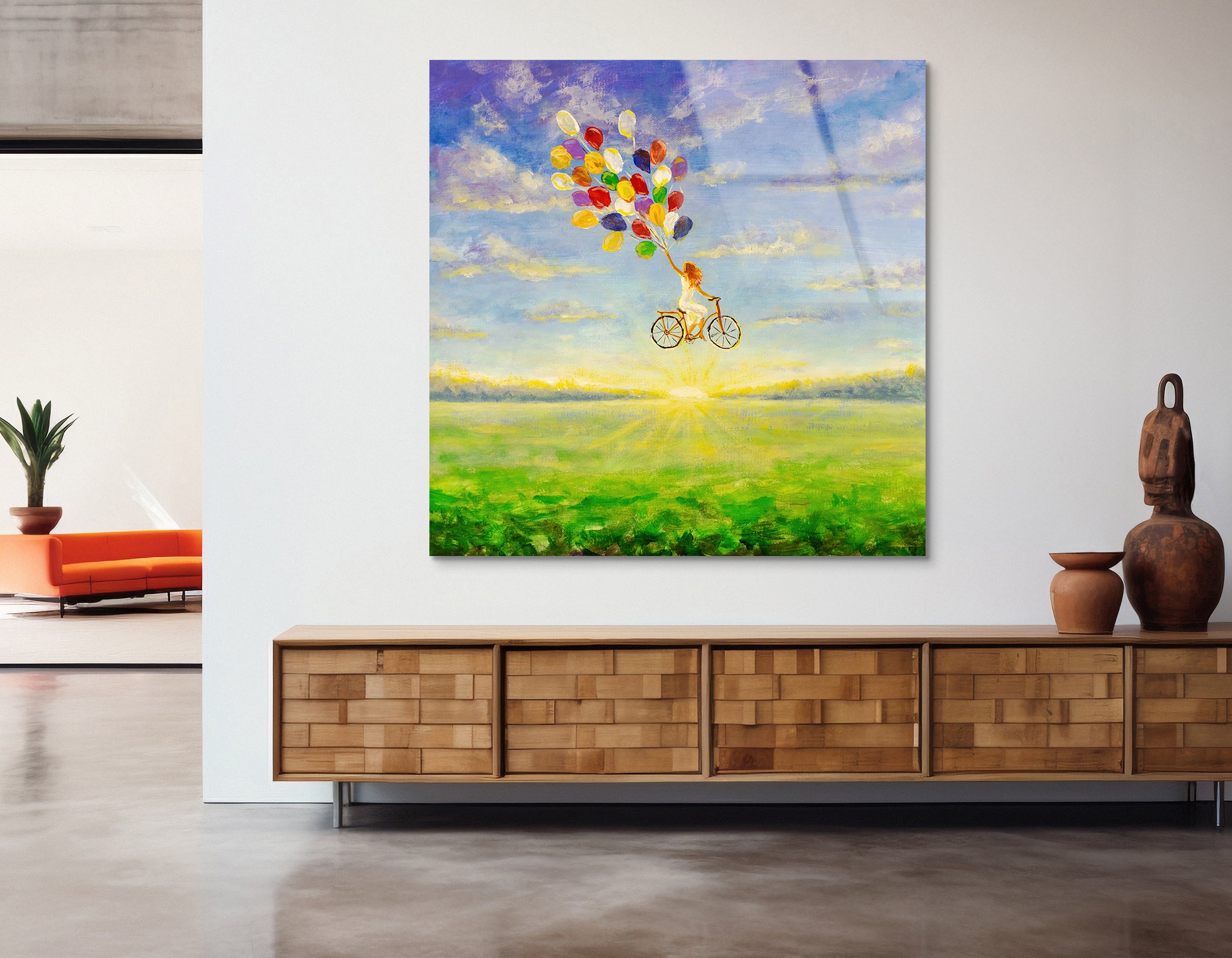 Happy Girl on Bicycle with Balloons Painting | Premium HD Metal Wall Art