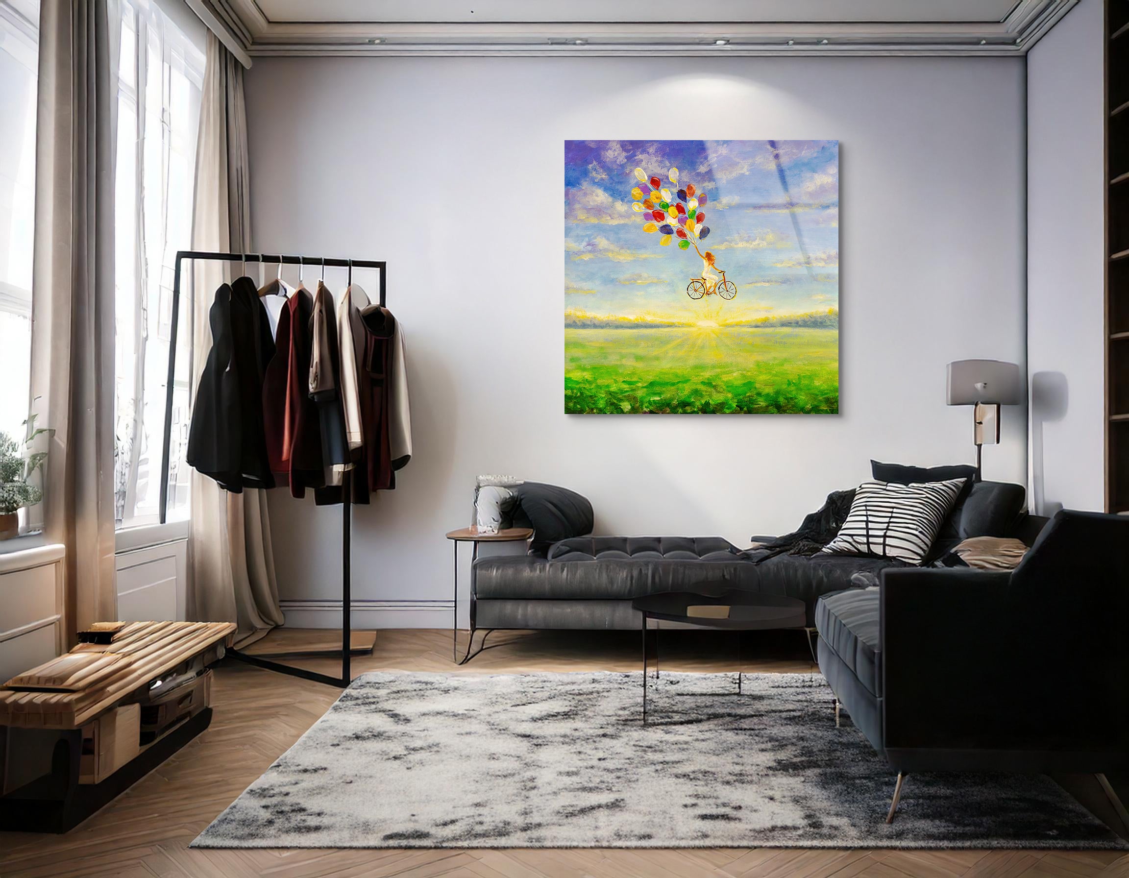 Happy Girl on Bicycle with Balloons Painting | Premium HD Metal Wall Art