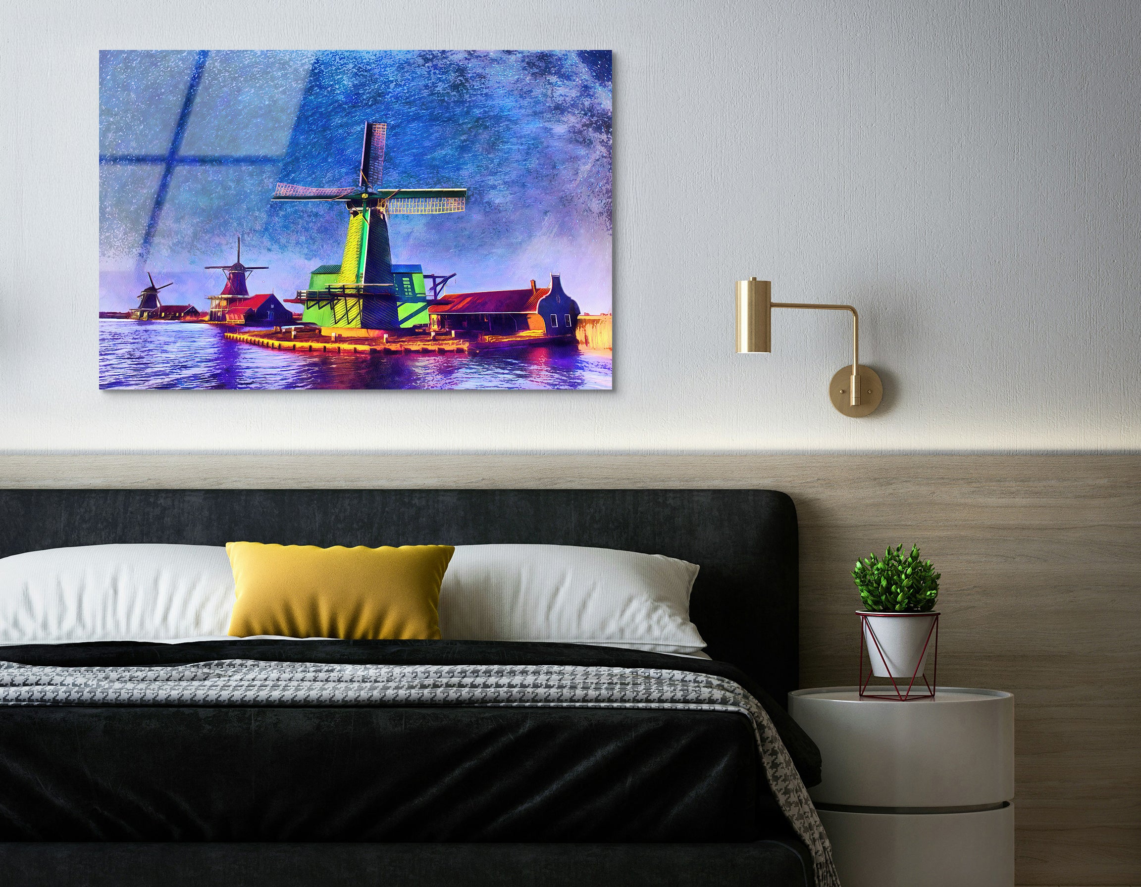 Watercolor Starry Sky Over Dutch Windmills | Premium HD Metal Wall Art