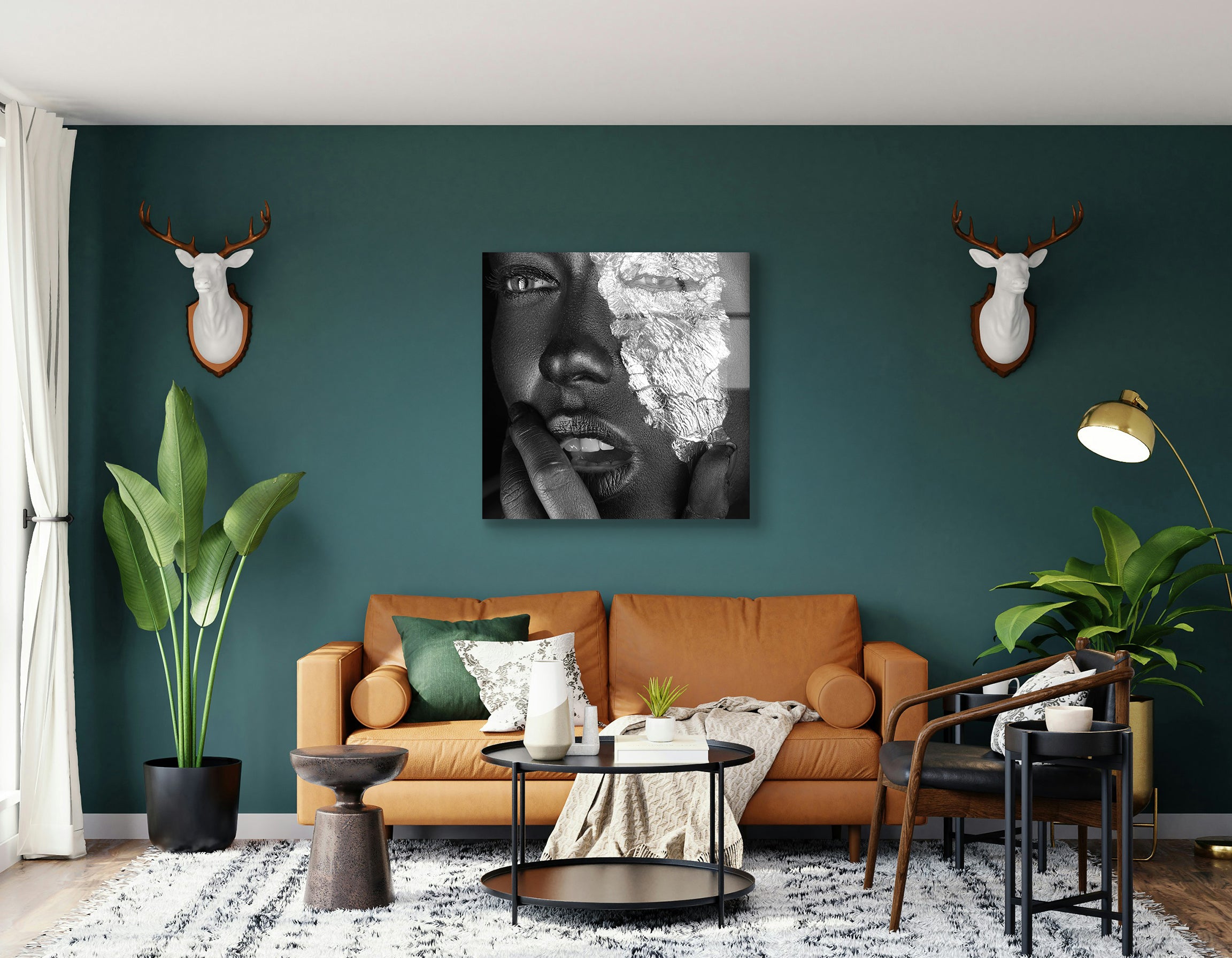 Elegant Fashion Portrait with Silver Foil Makeup | Premium HD Metal Wall Art
