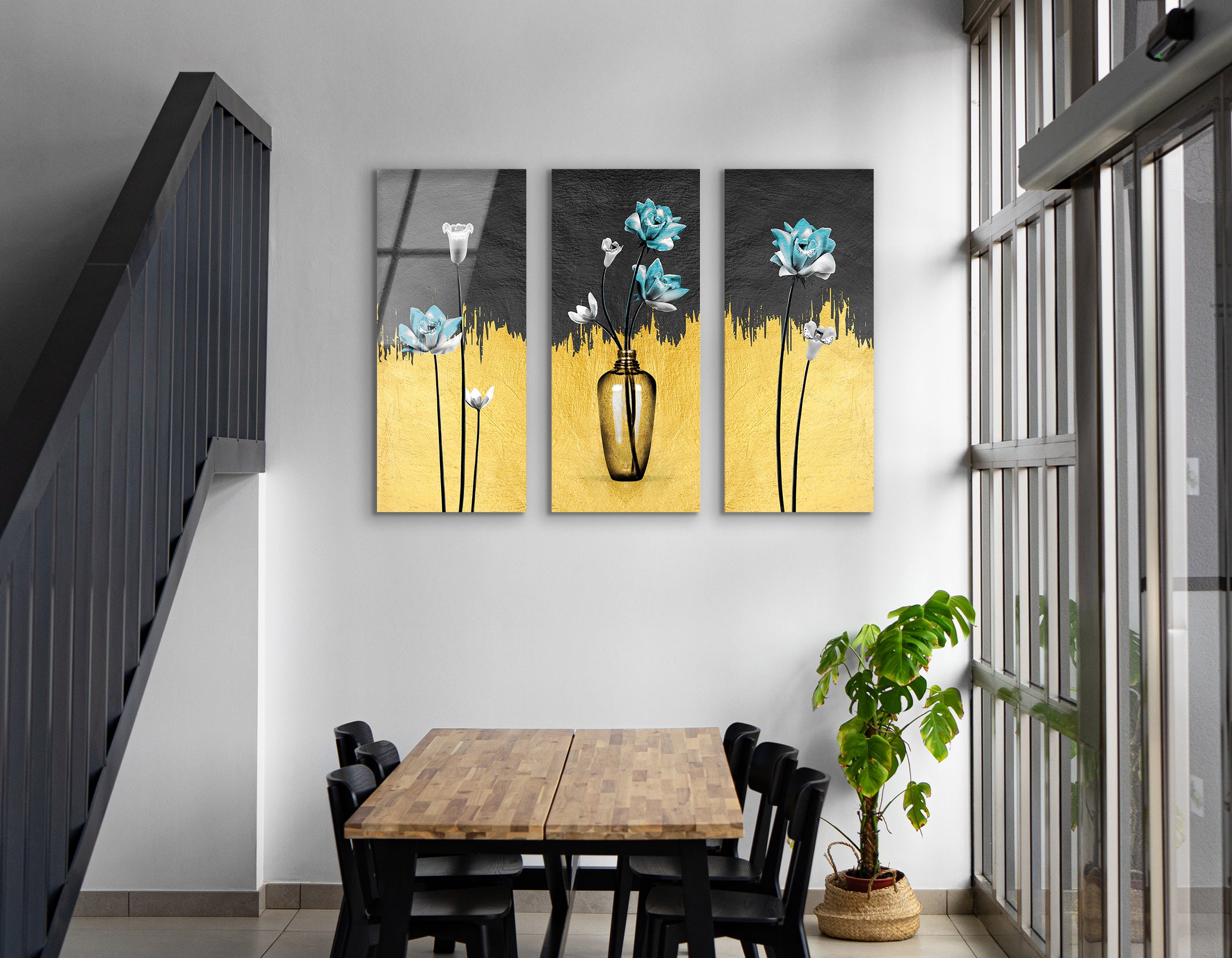Mega Size Modern Gold Abstract Vase of Flowers Trio Painting | Premium HD Metal Wall Art