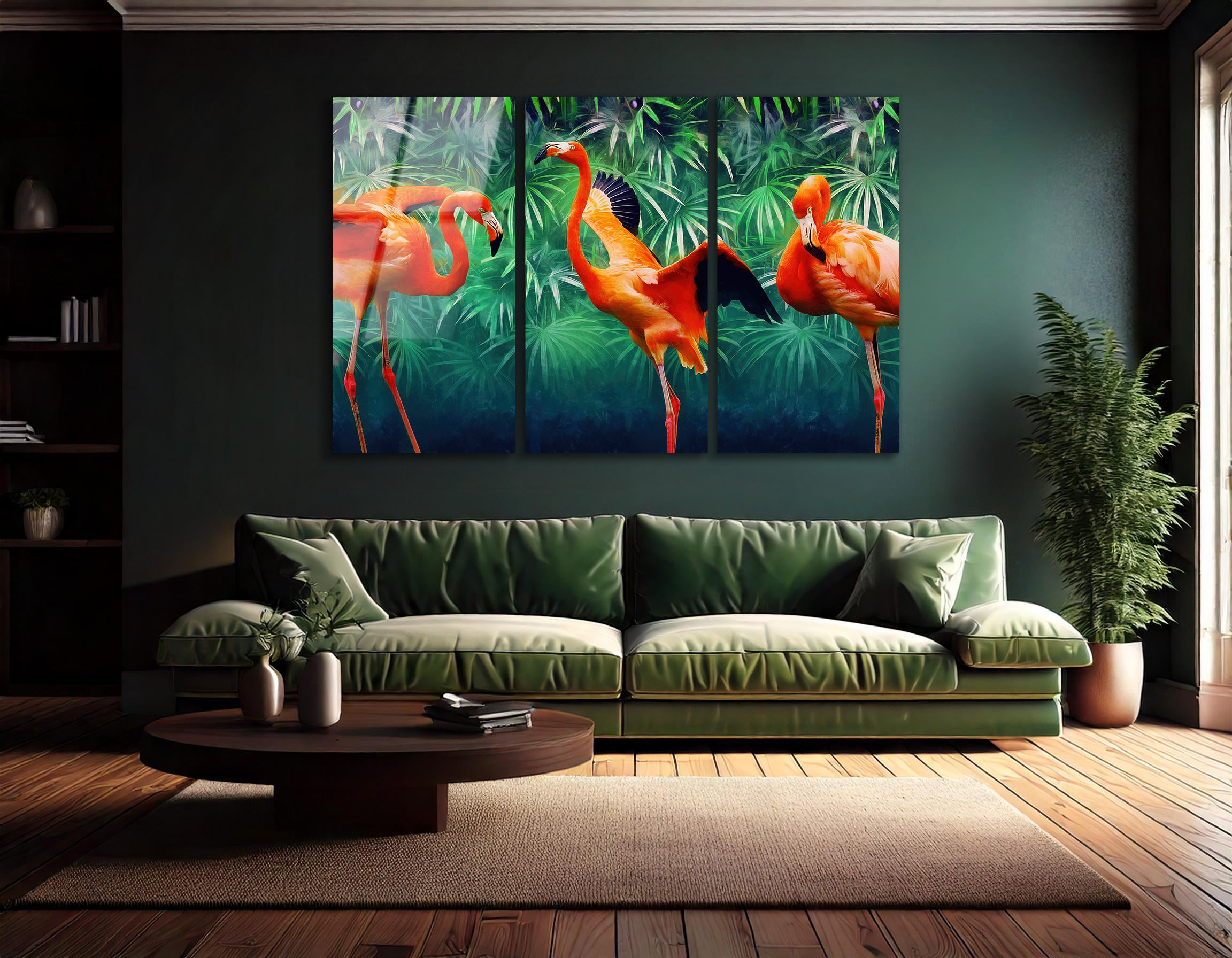 Mega Size 3 Flamingos with Tropical Leaves Trio Painting | Premium HD Metal Wall Art