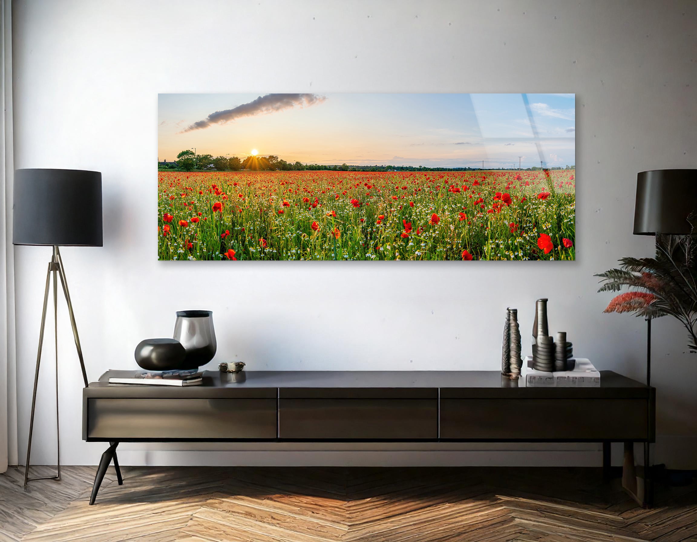 Landscape with Beautiful Sunset Over Poppy Field | Premium HD Metal Wall Art