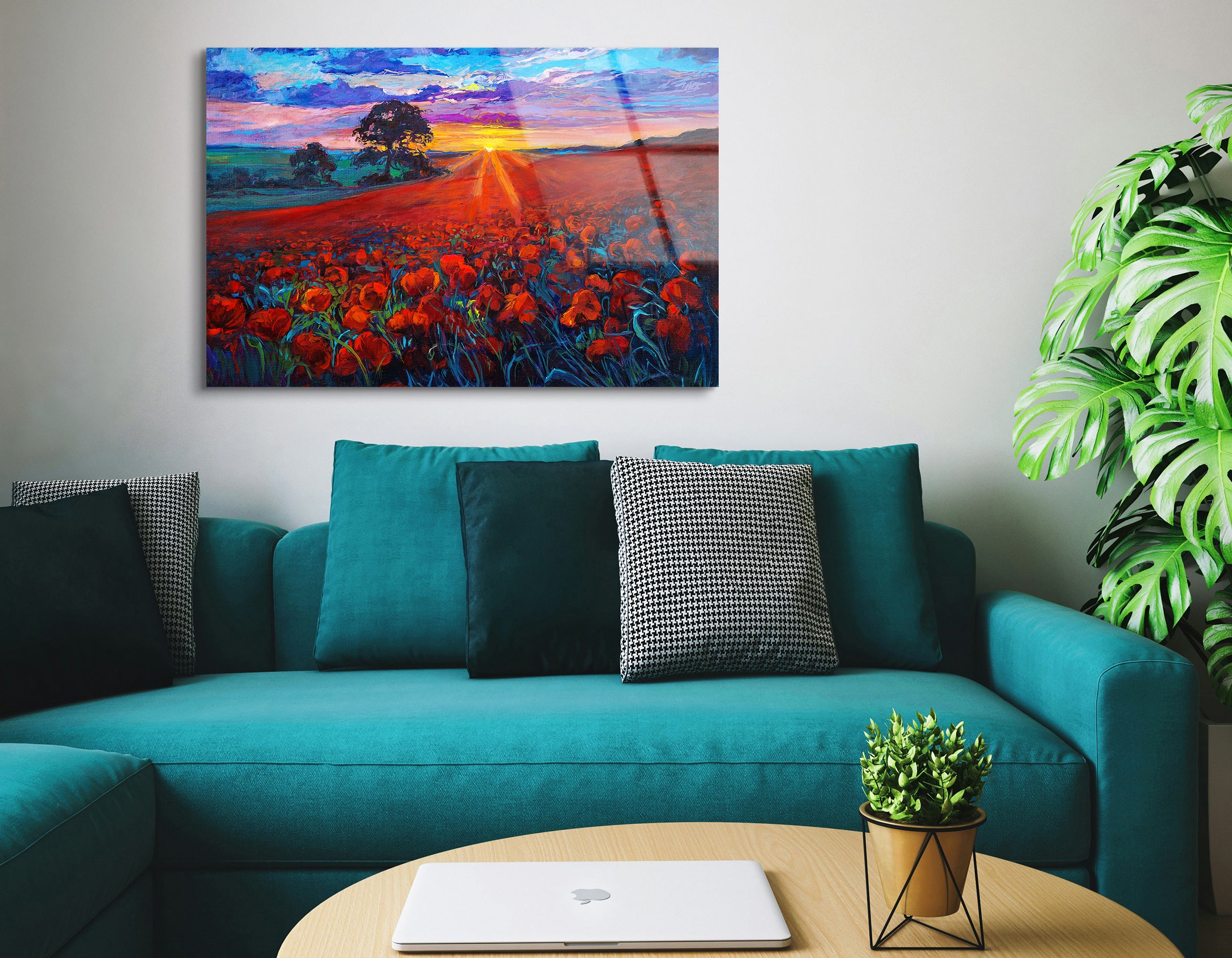 Oil Painting Opium Poppy Field at Sunset | Premium HD Metal Wall Art