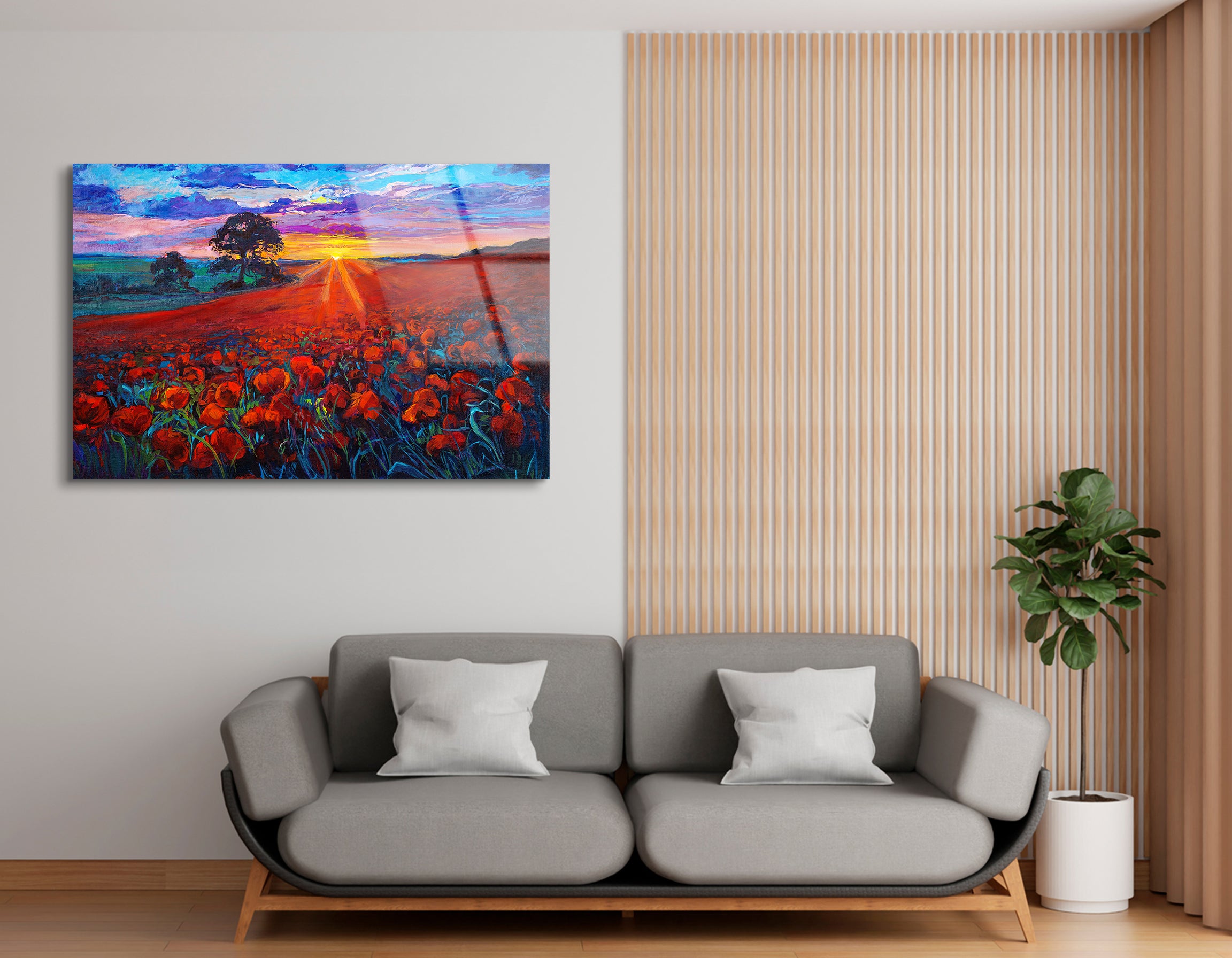 Oil Painting Opium Poppy Field at Sunset | Premium HD Metal Wall Art