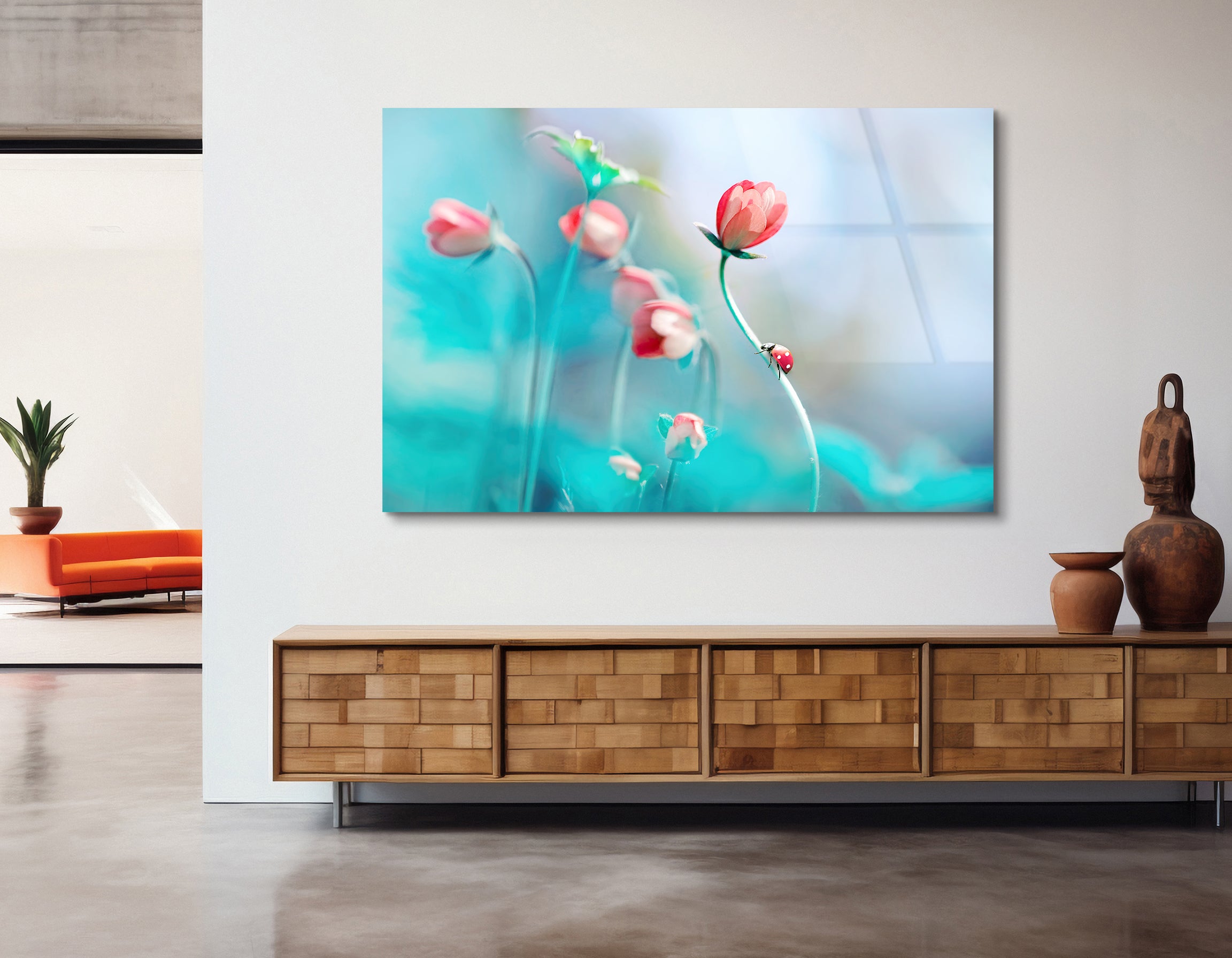 Pink Anemones & Ladybug in Spring | Premium HD Metal Wall Art