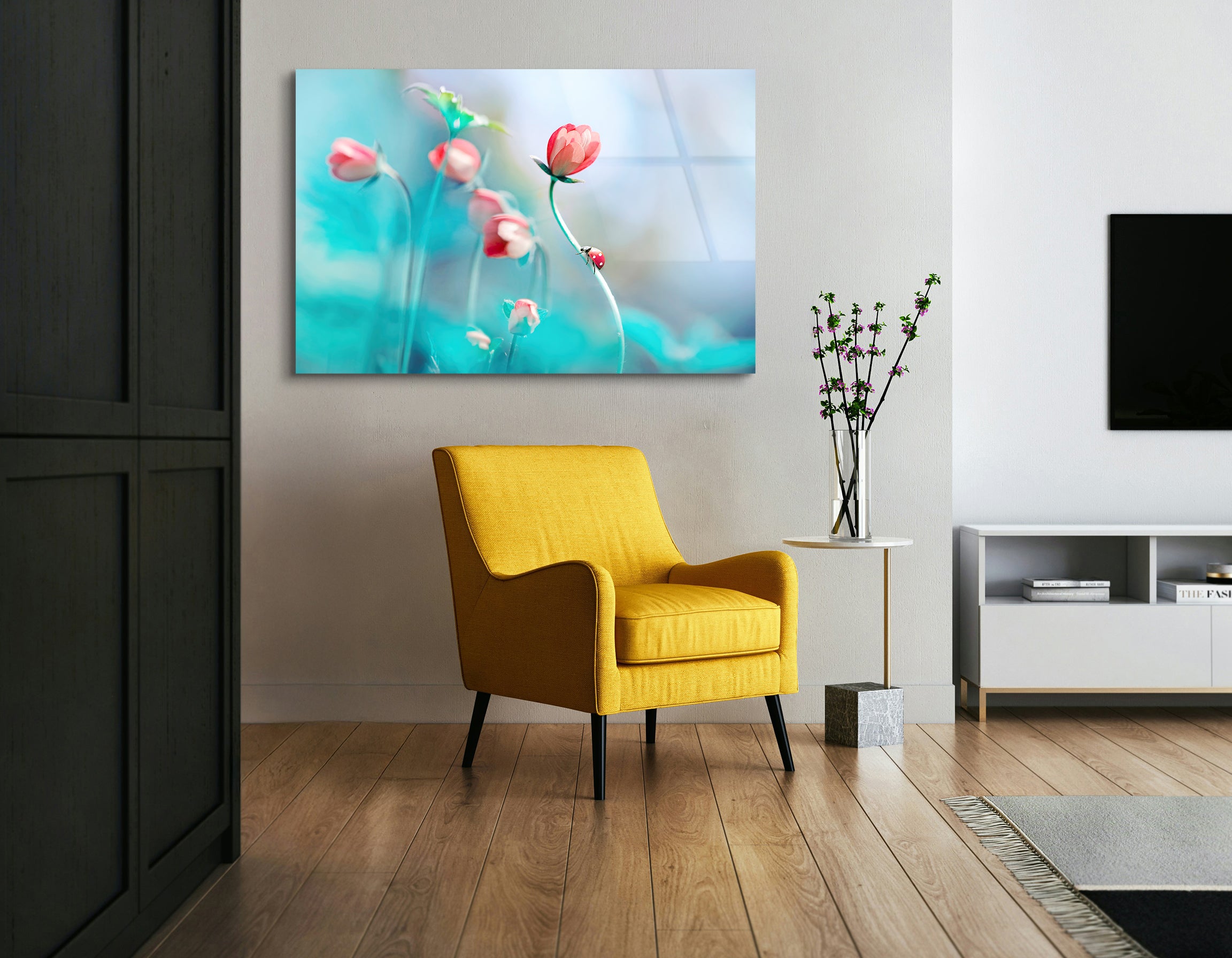 Pink Anemones & Ladybug in Spring | Premium HD Metal Wall Art