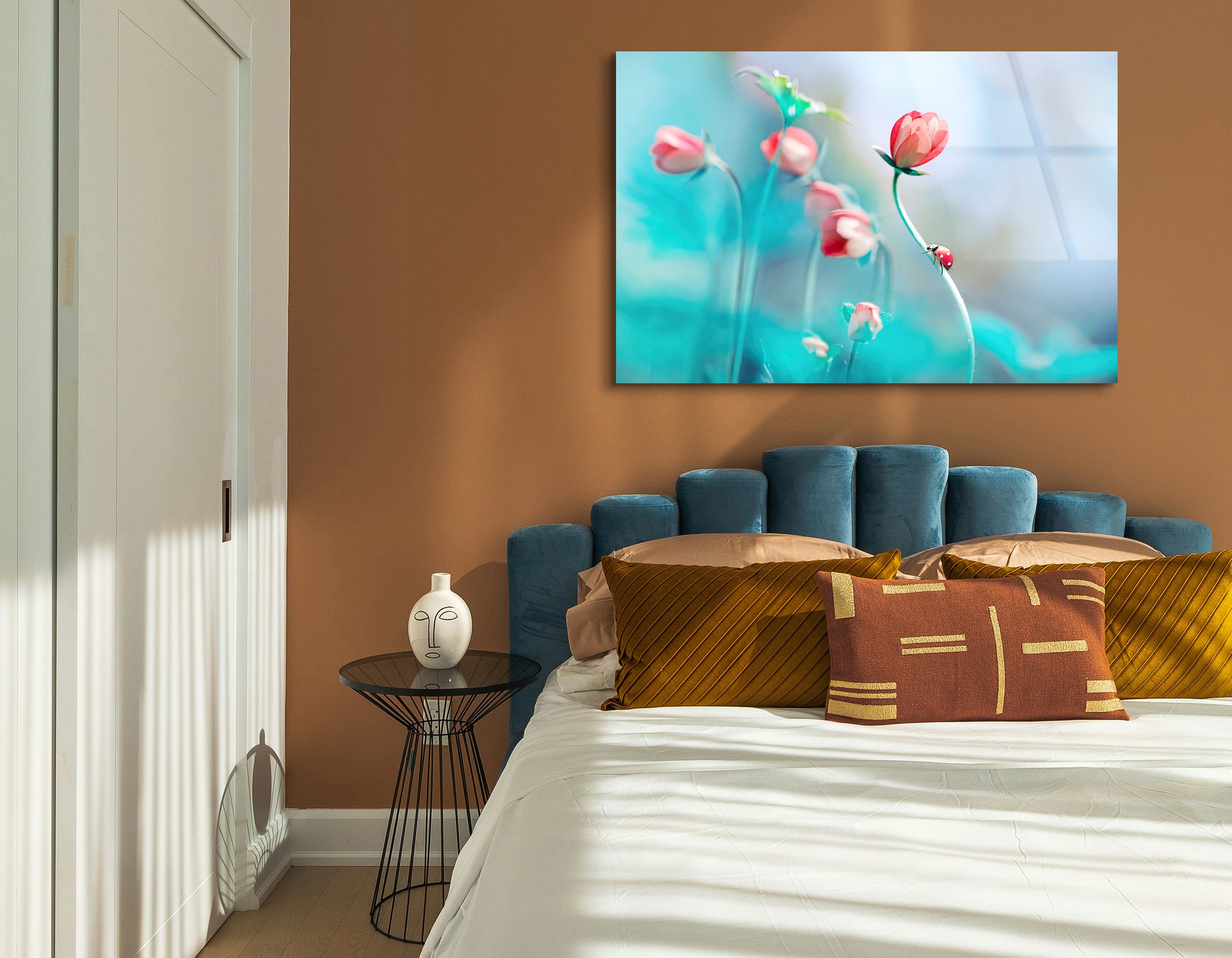 Pink Anemones & Ladybug in Spring | Premium HD Metal Wall Art