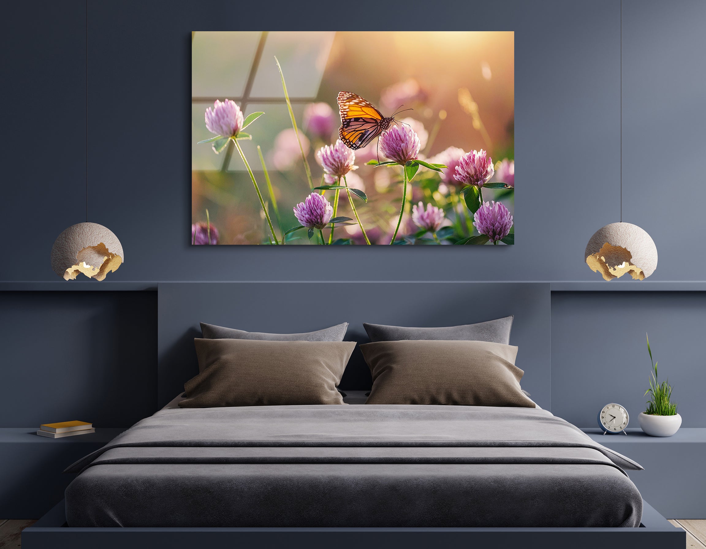 Clover Wildflowers and Butterfly in Sunlight | Premium HD Metal Wall Art