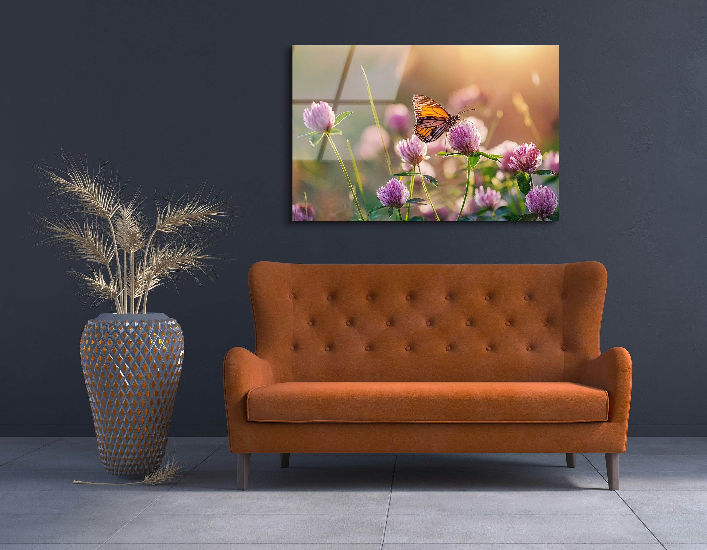 Clover Wildflowers and Butterfly in Sunlight | Premium HD Metal Wall Art