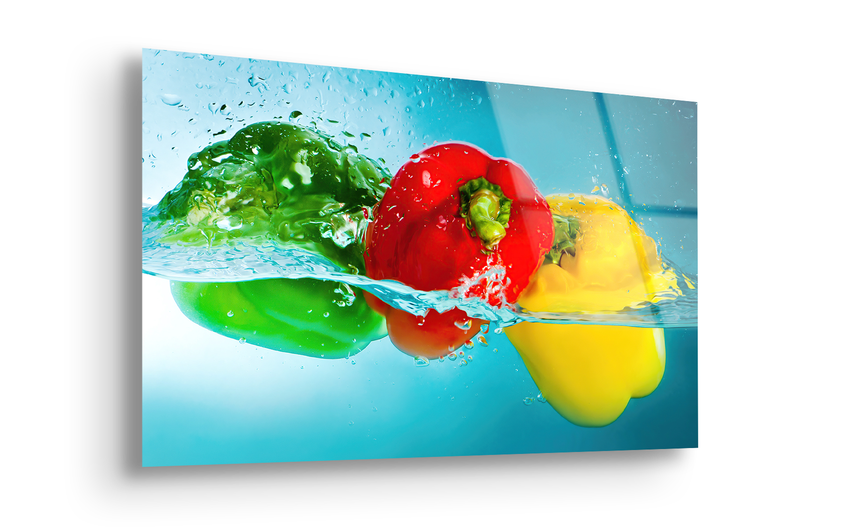 Colorful Peppers Splashing in Water | Premium HD Metal Wall Art