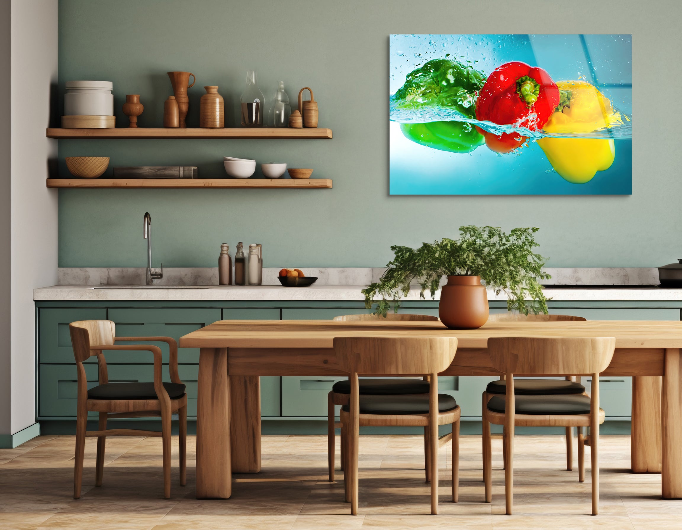 Colorful Peppers Splashing in Water | Premium HD Metal Wall Art