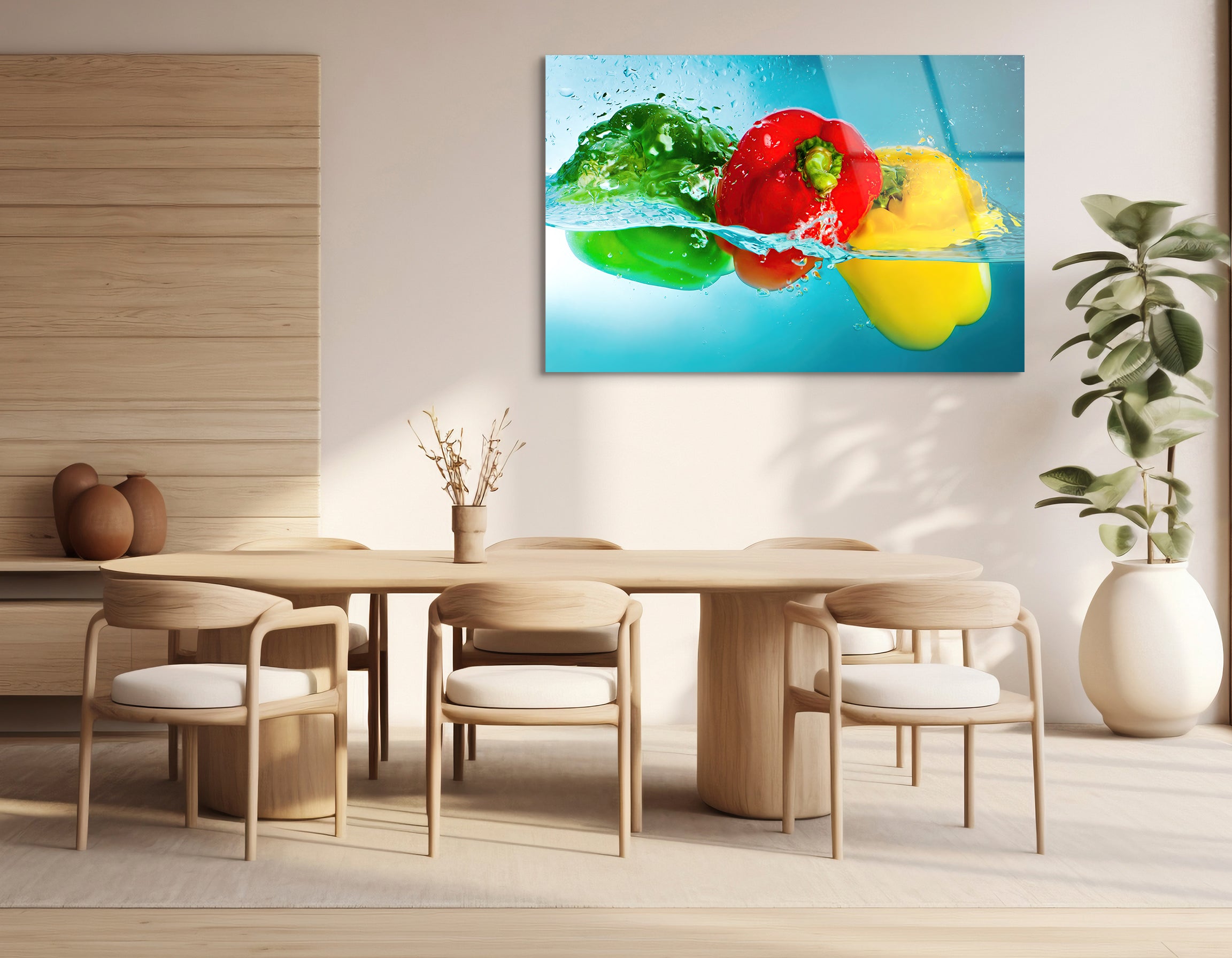 Colorful Peppers Splashing in Water | Premium HD Metal Wall Art