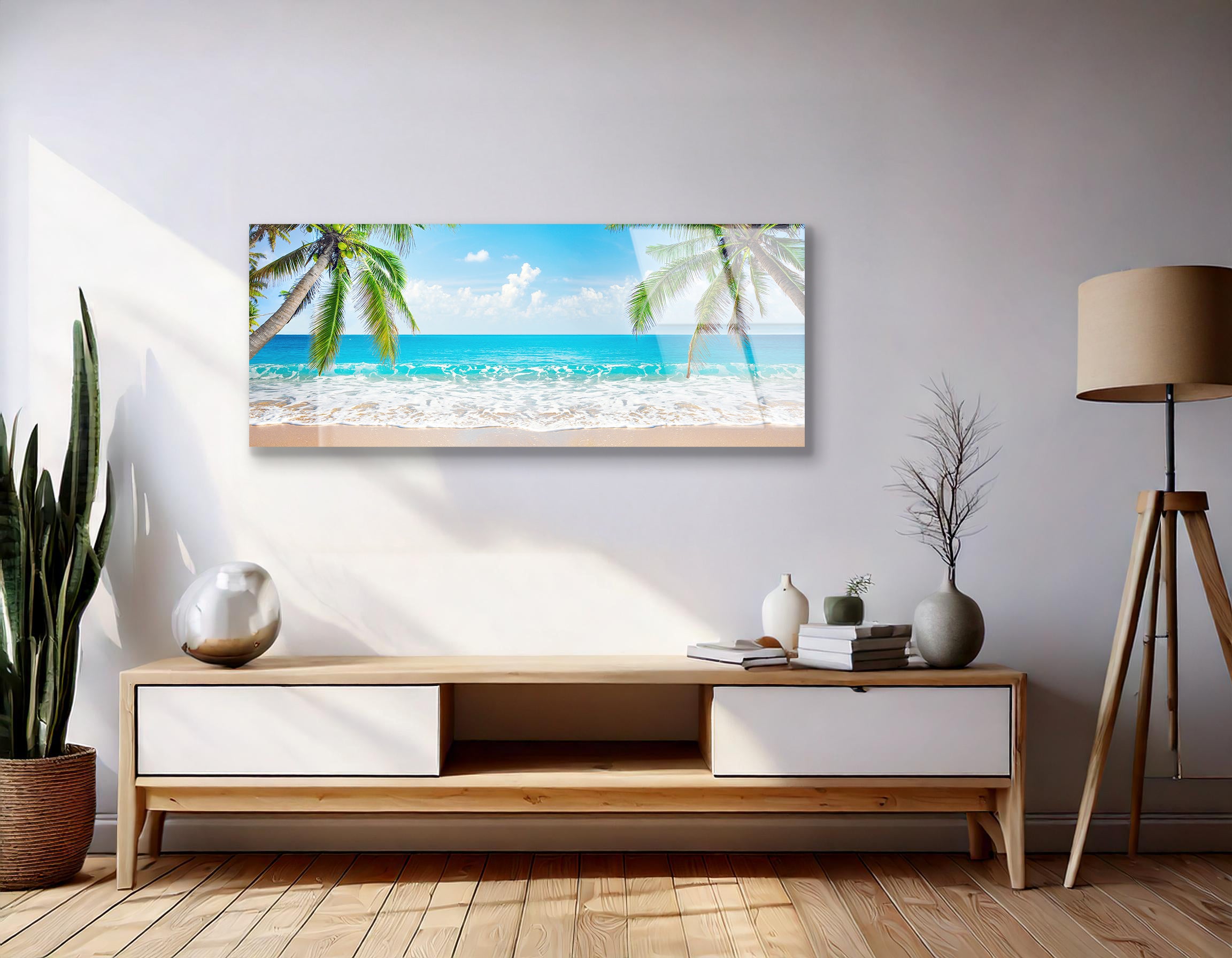 Panorama of Tropical Beach with Coconut Palm Trees | Premium HD Metal Wall Art
