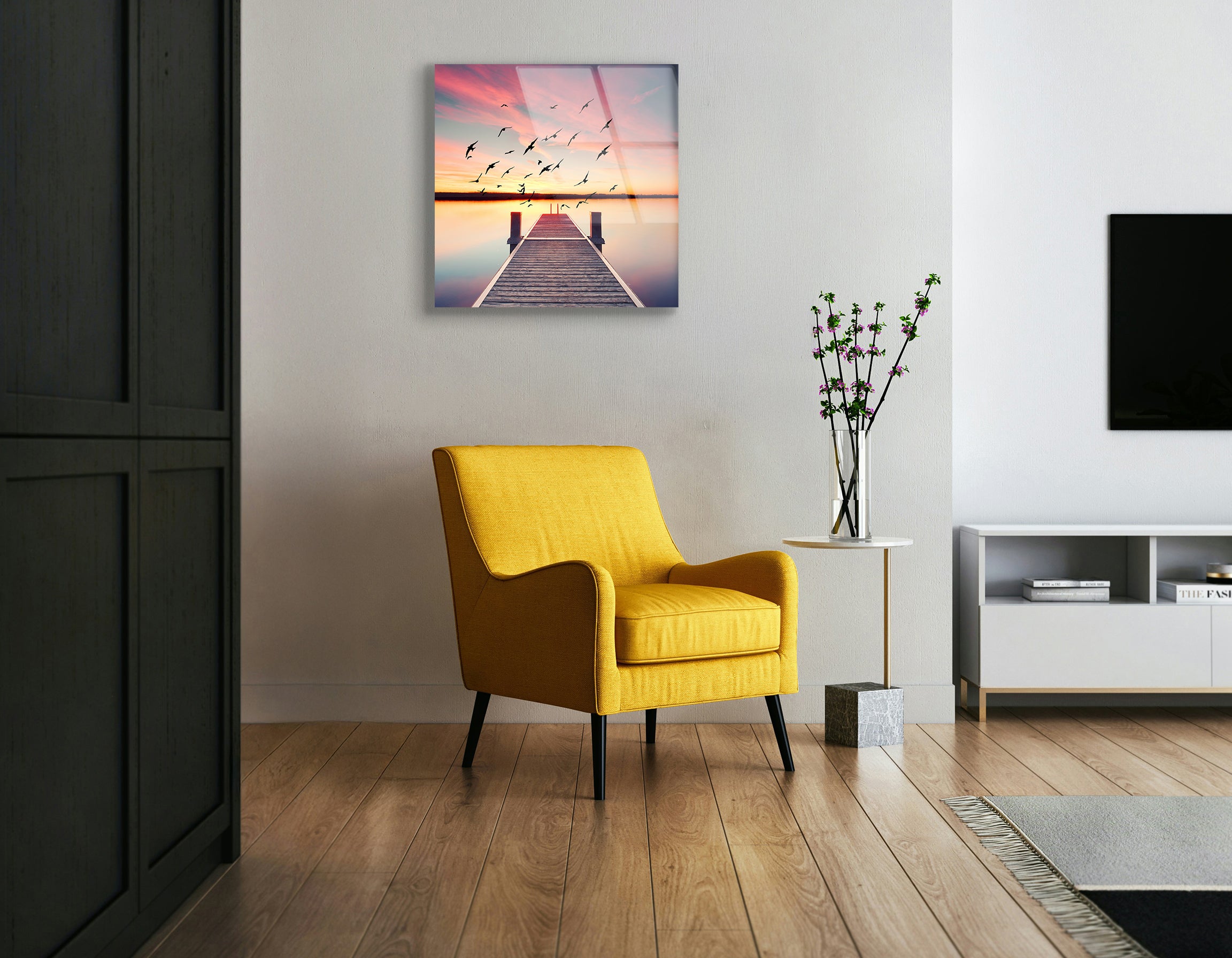 Perspective View of a Wooden Pier on the Pond at Sunset | Premium HD Metal Wall Art