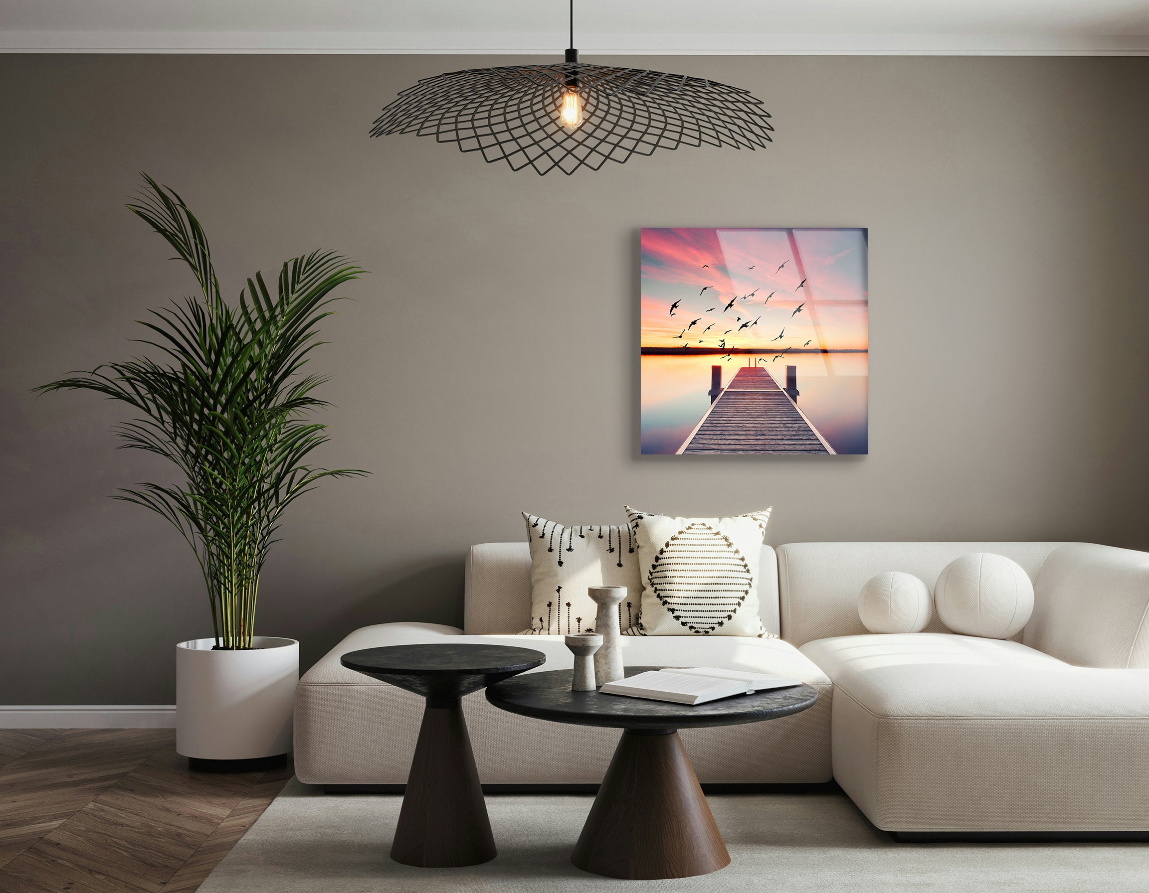 Perspective View of a Wooden Pier on the Pond at Sunset | Premium HD Metal Wall Art