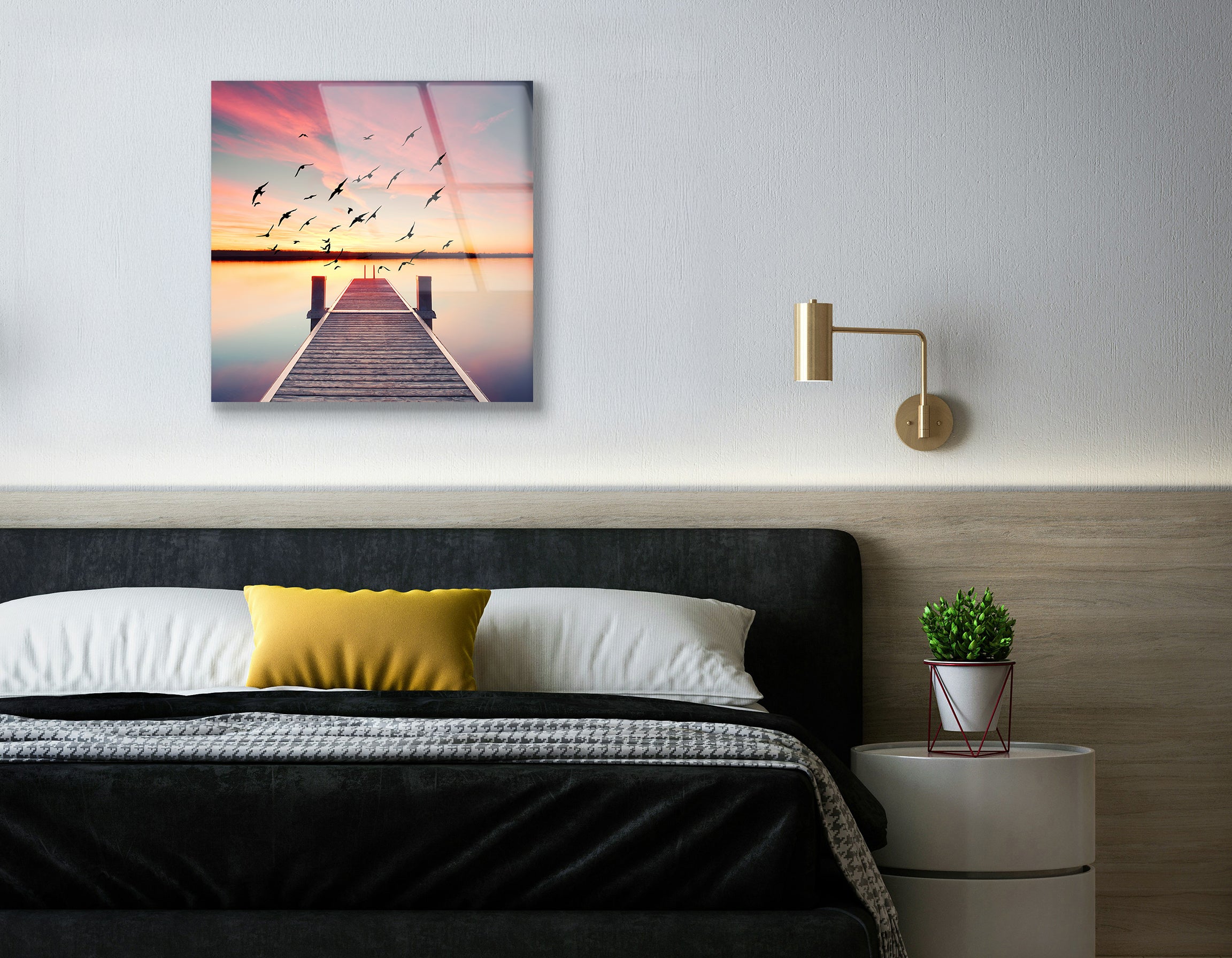 Perspective View of a Wooden Pier on the Pond at Sunset | Premium HD Metal Wall Art