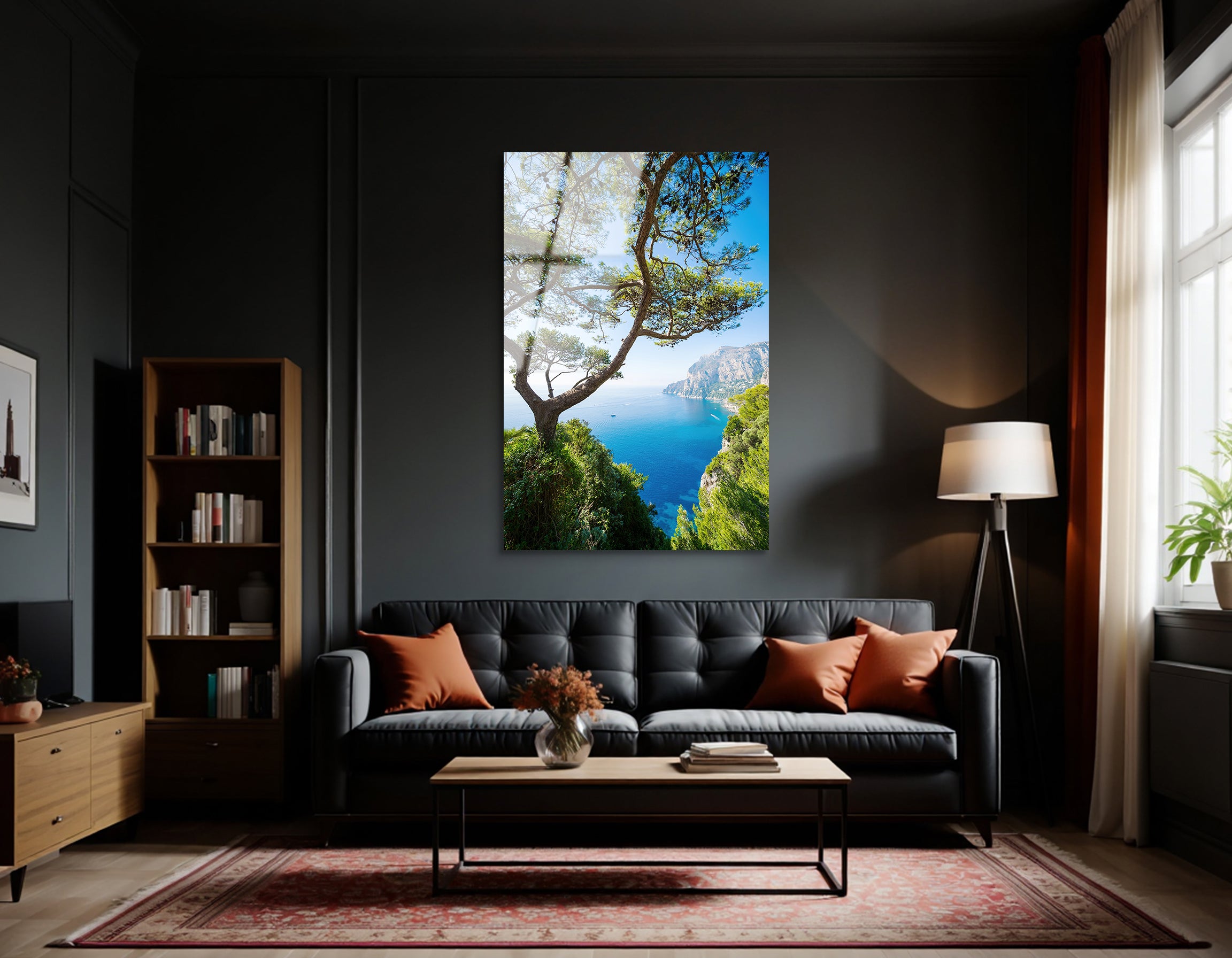 Capri Cliffs Through Pines | Premium HD Metal Wall Art