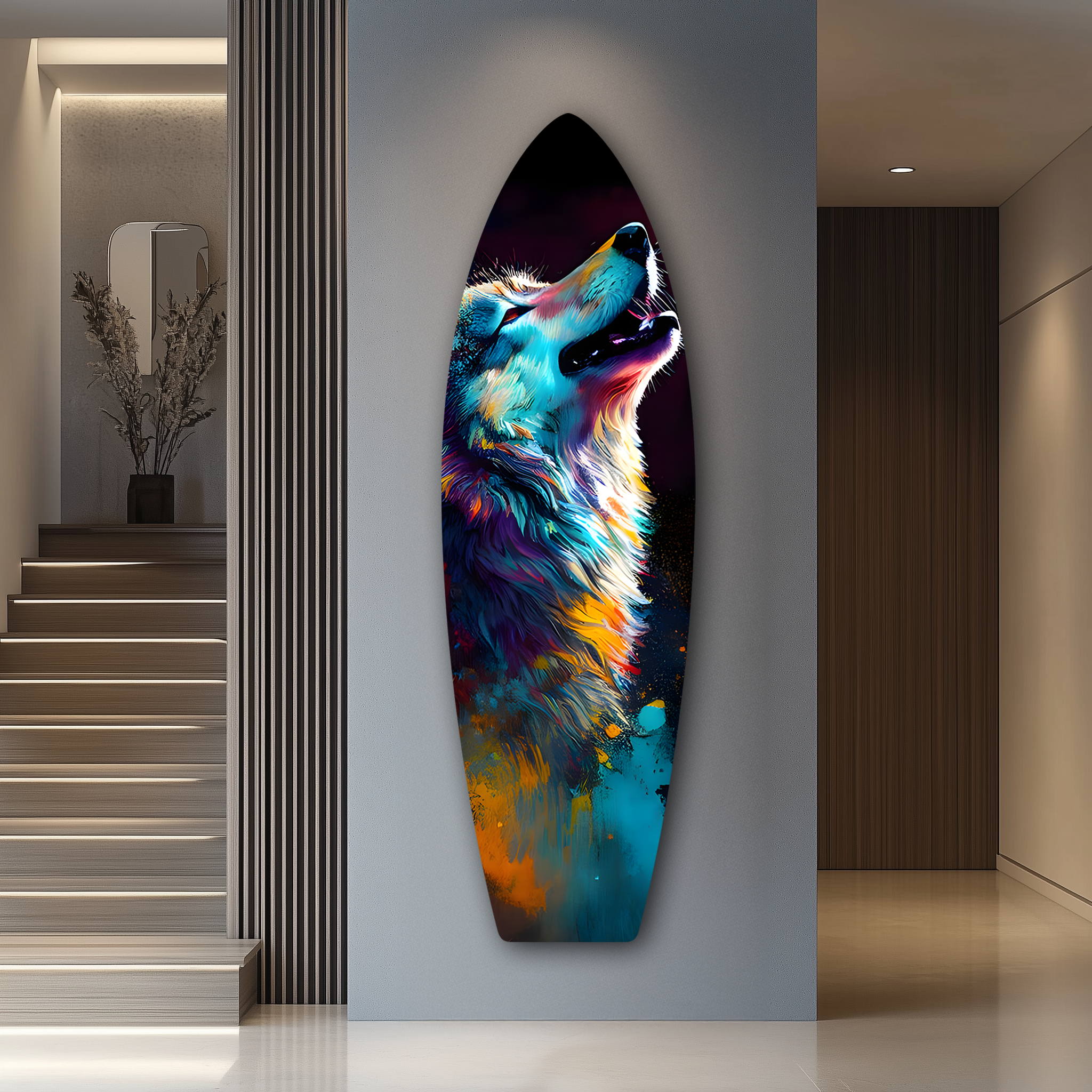 Colorful Wolf Surfboard | Premium HD Metal Wall Art