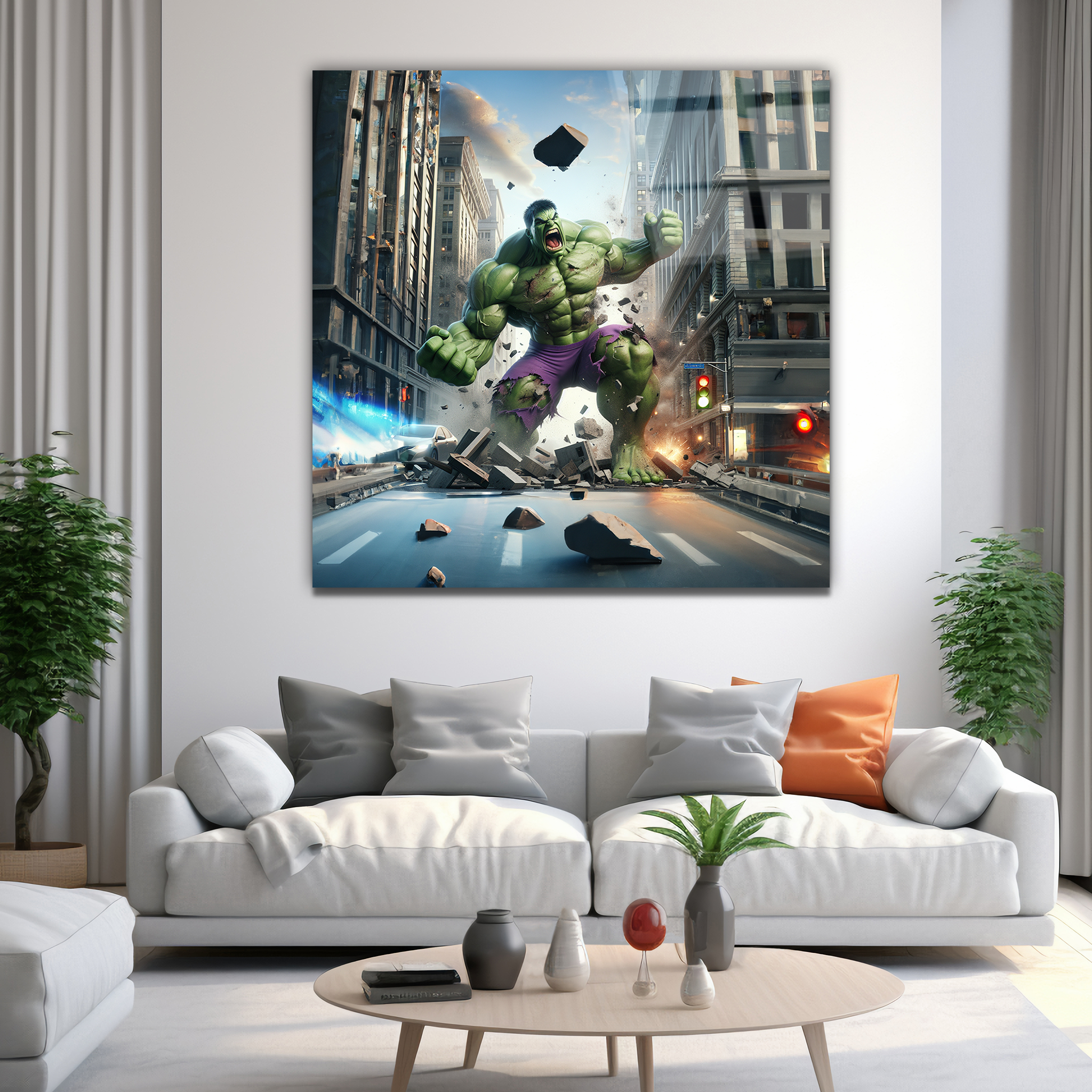 Hulk smash in city | Premium HD Metal Wall Art