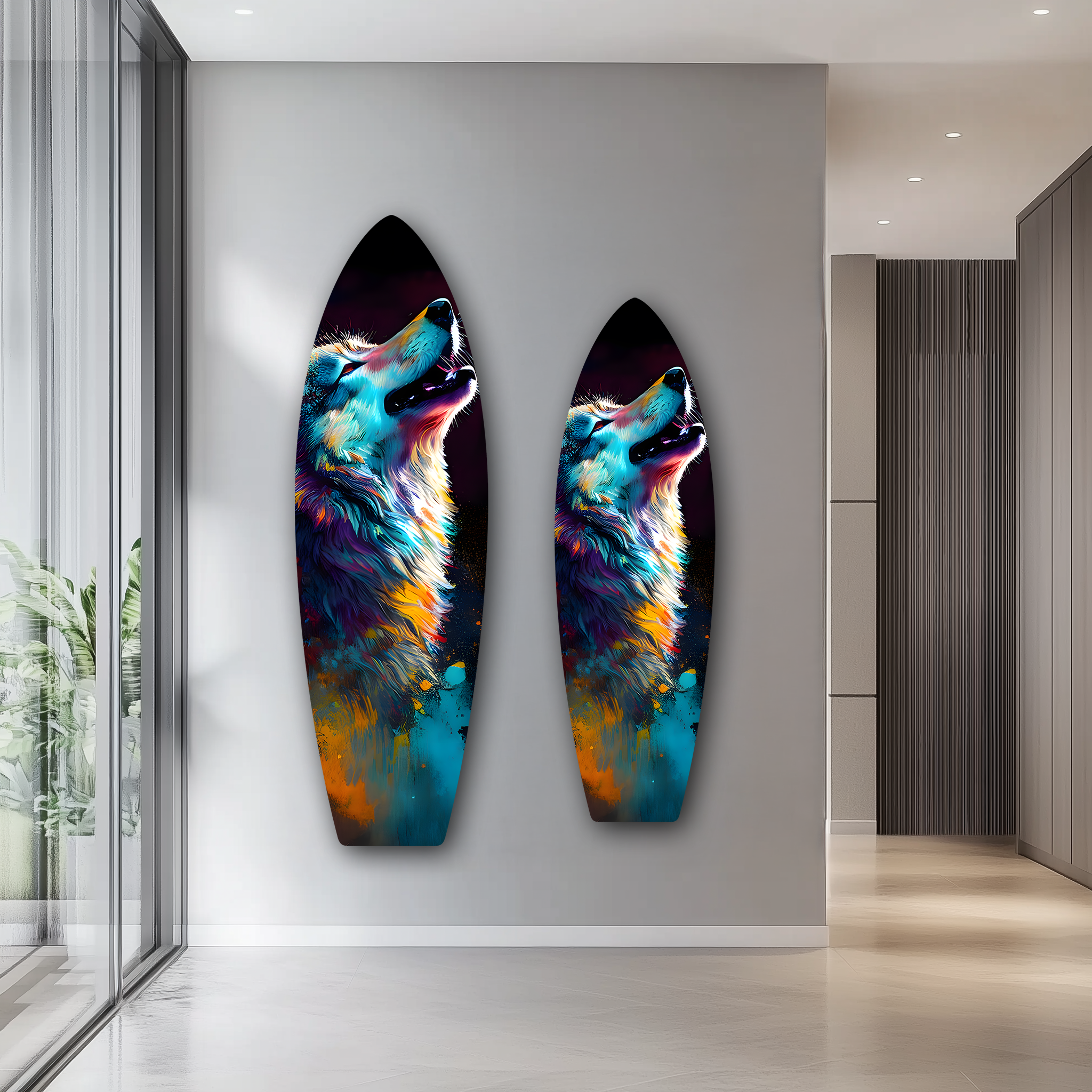 Colorful Wolf Surfboard | Premium HD Metal Wall Art