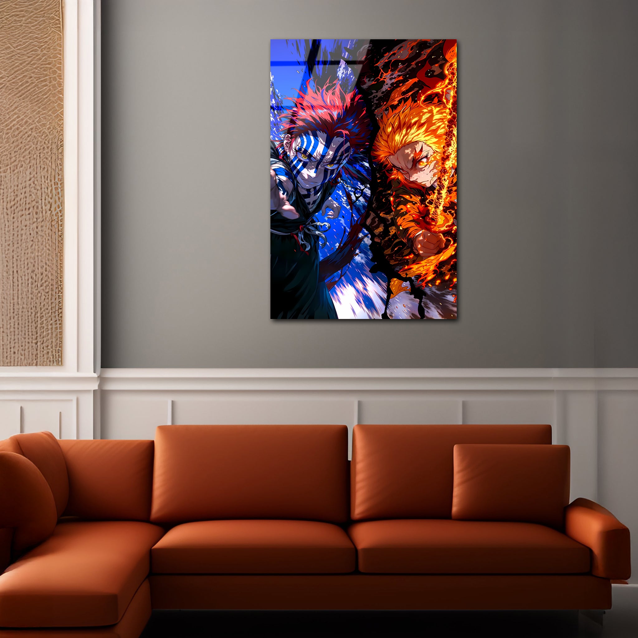 Akaza&Rengoku: Clash of Flame and Destruction | Premium HD Metal Wall Art