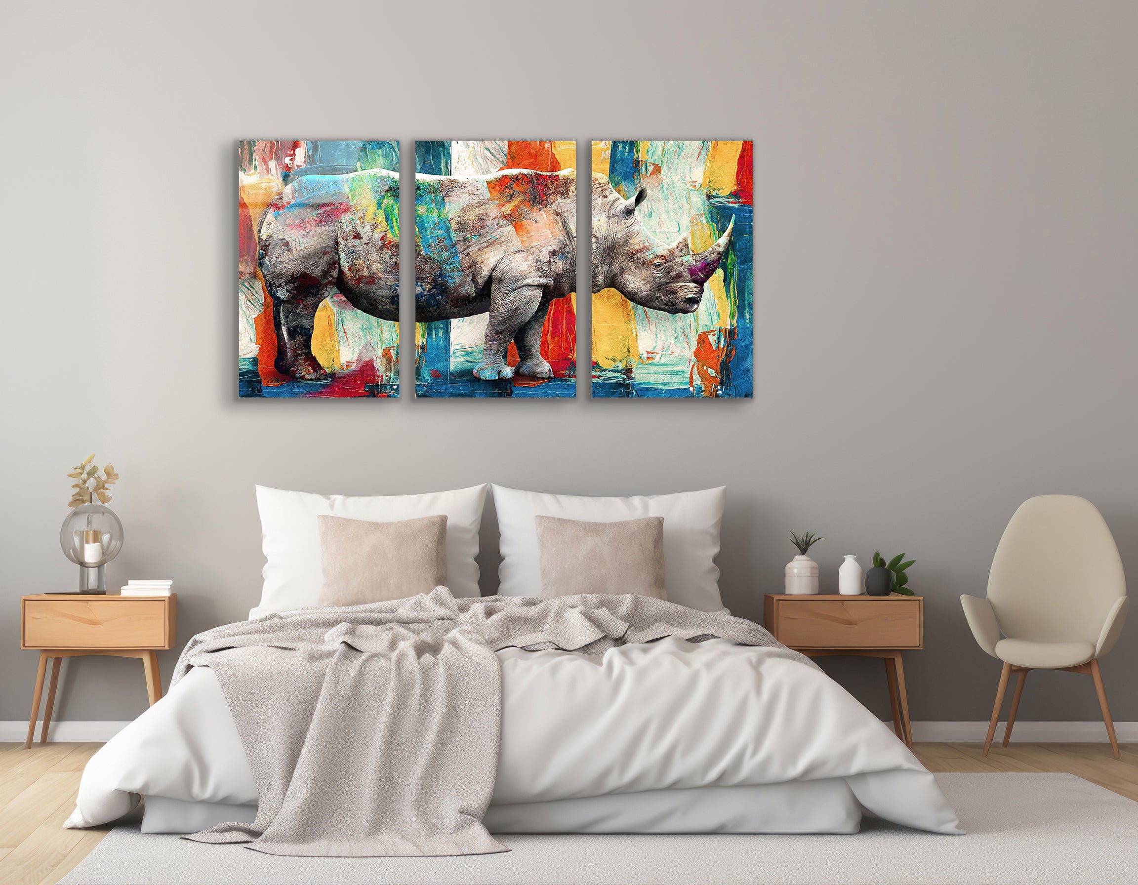 Mega Size Modern Rhinoceros Trio Oil Painting | Premium HD Metal Wall Art