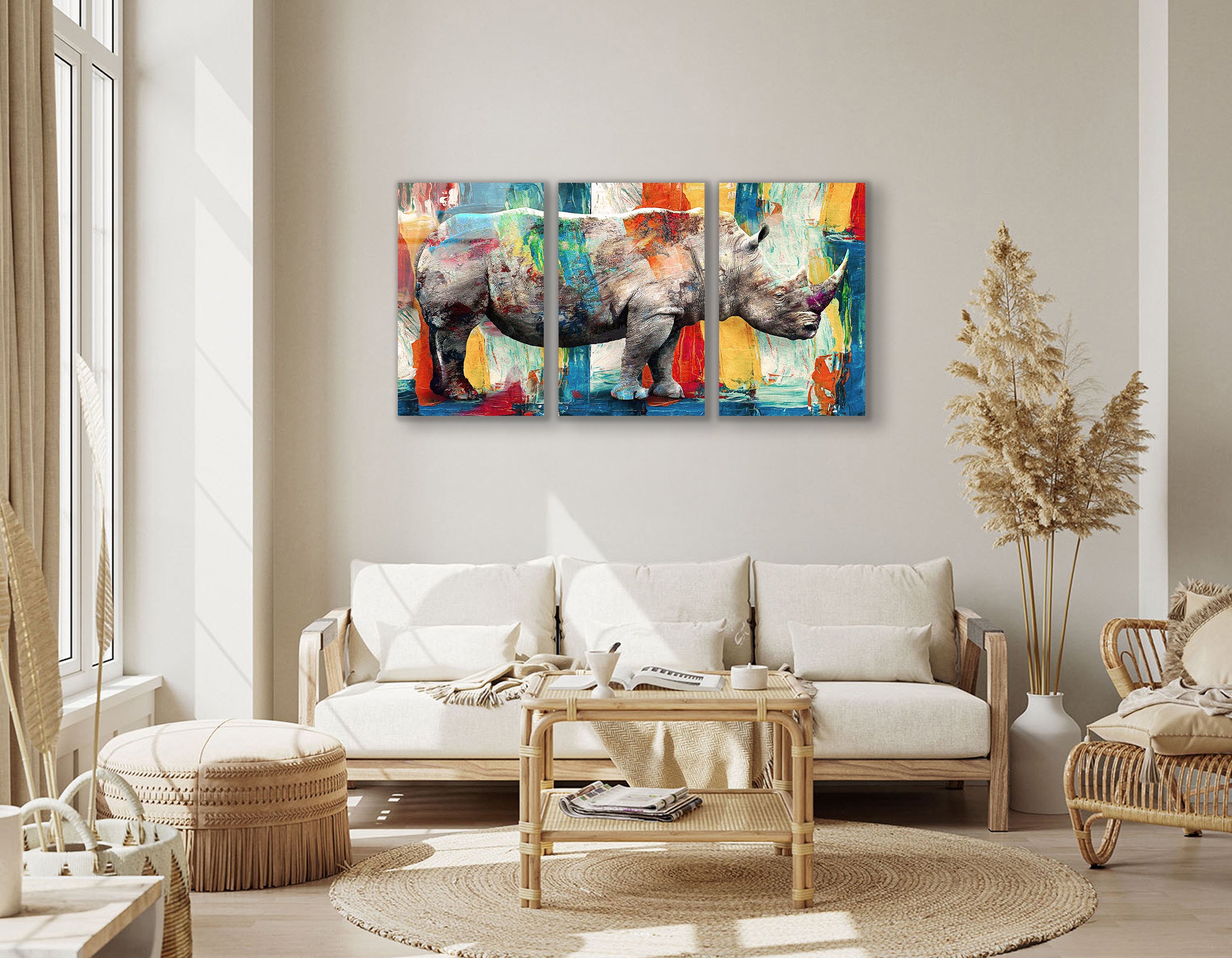 Mega Size Modern Rhinoceros Trio Oil Painting | Premium HD Metal Wall Art